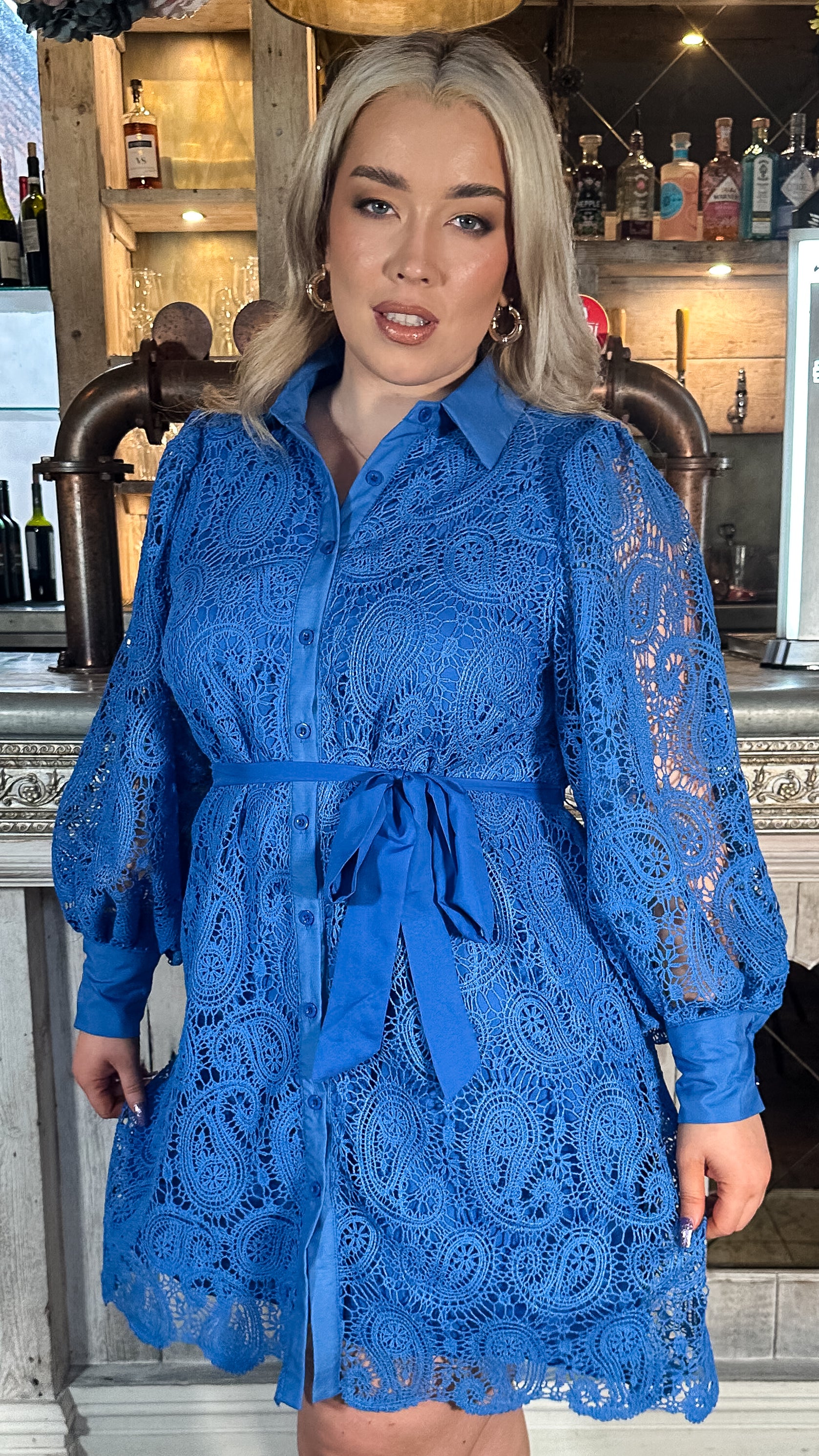 CurveWow Lace Tie Waist Shirt Dress Cobalt Blue