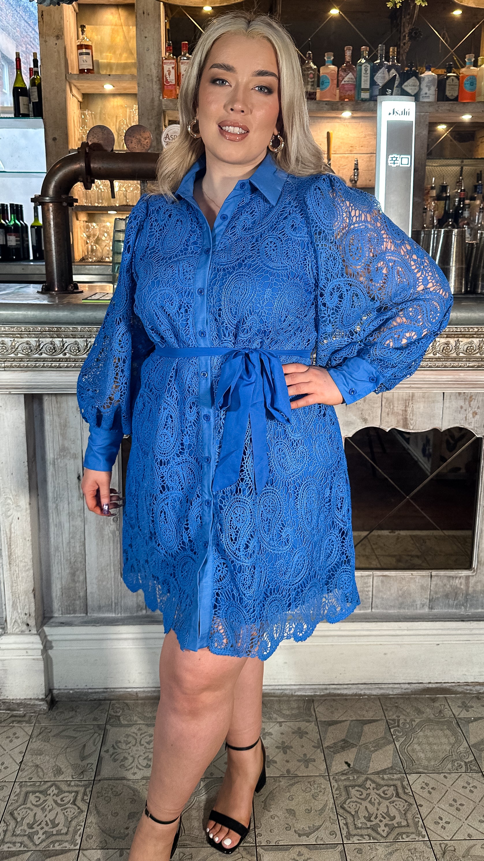 CurveWow Lace Tie Waist Shirt Dress Cobalt Blue