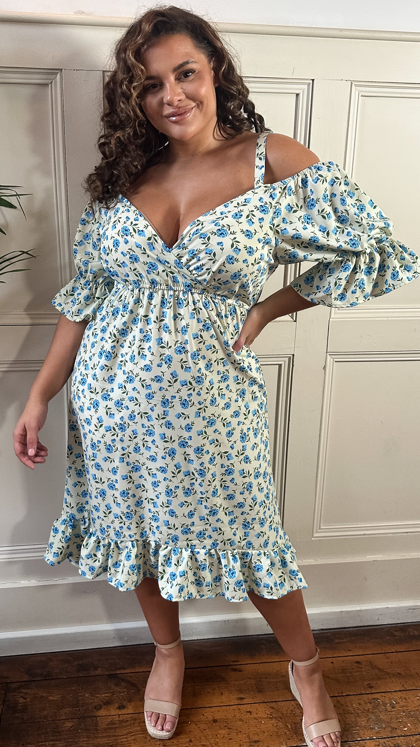 CurveWow Cold Shoulder Frill Dress Blue Ditsy