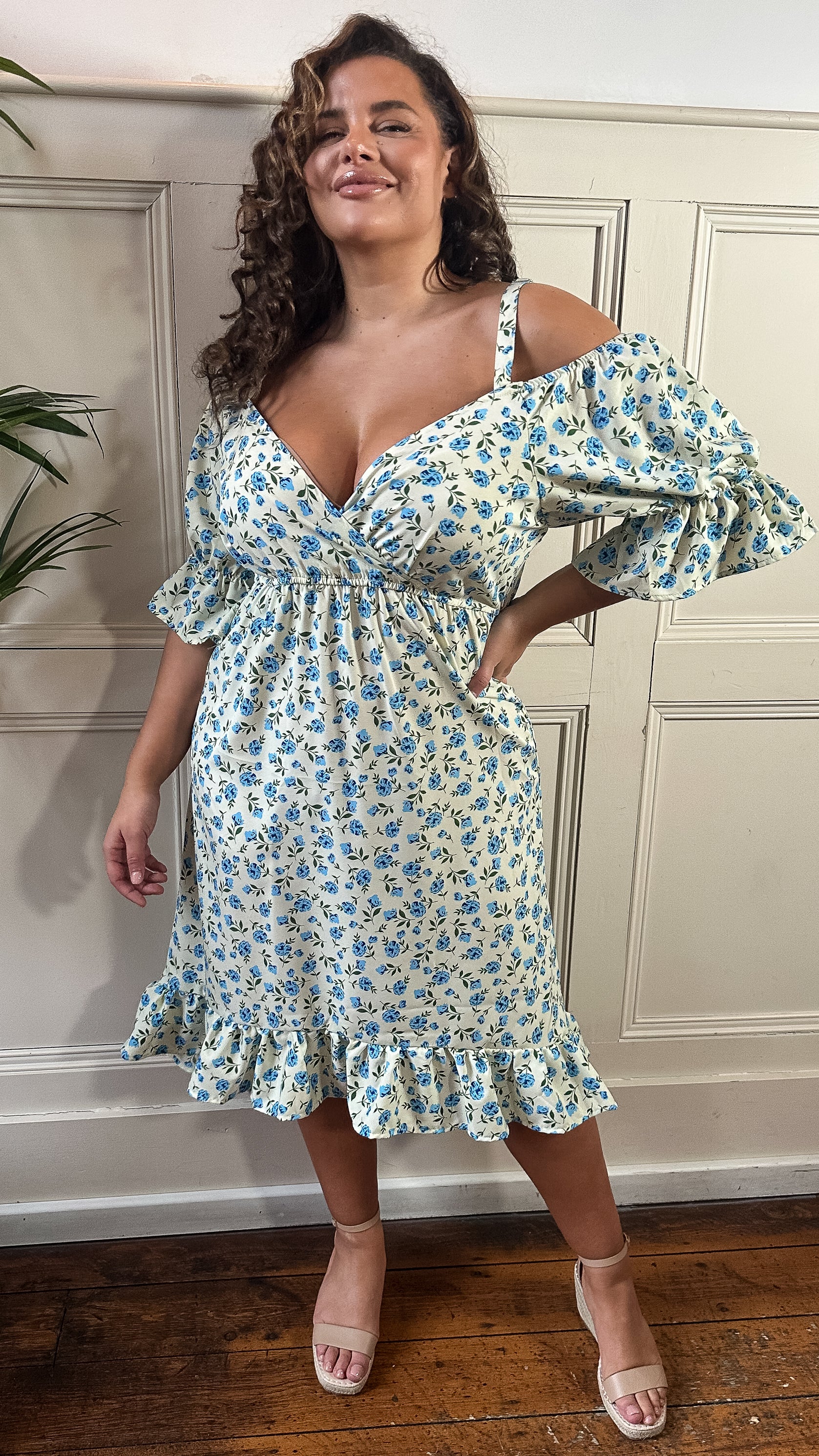 CurveWow Cold Shoulder Frill Dress Blue Ditsy