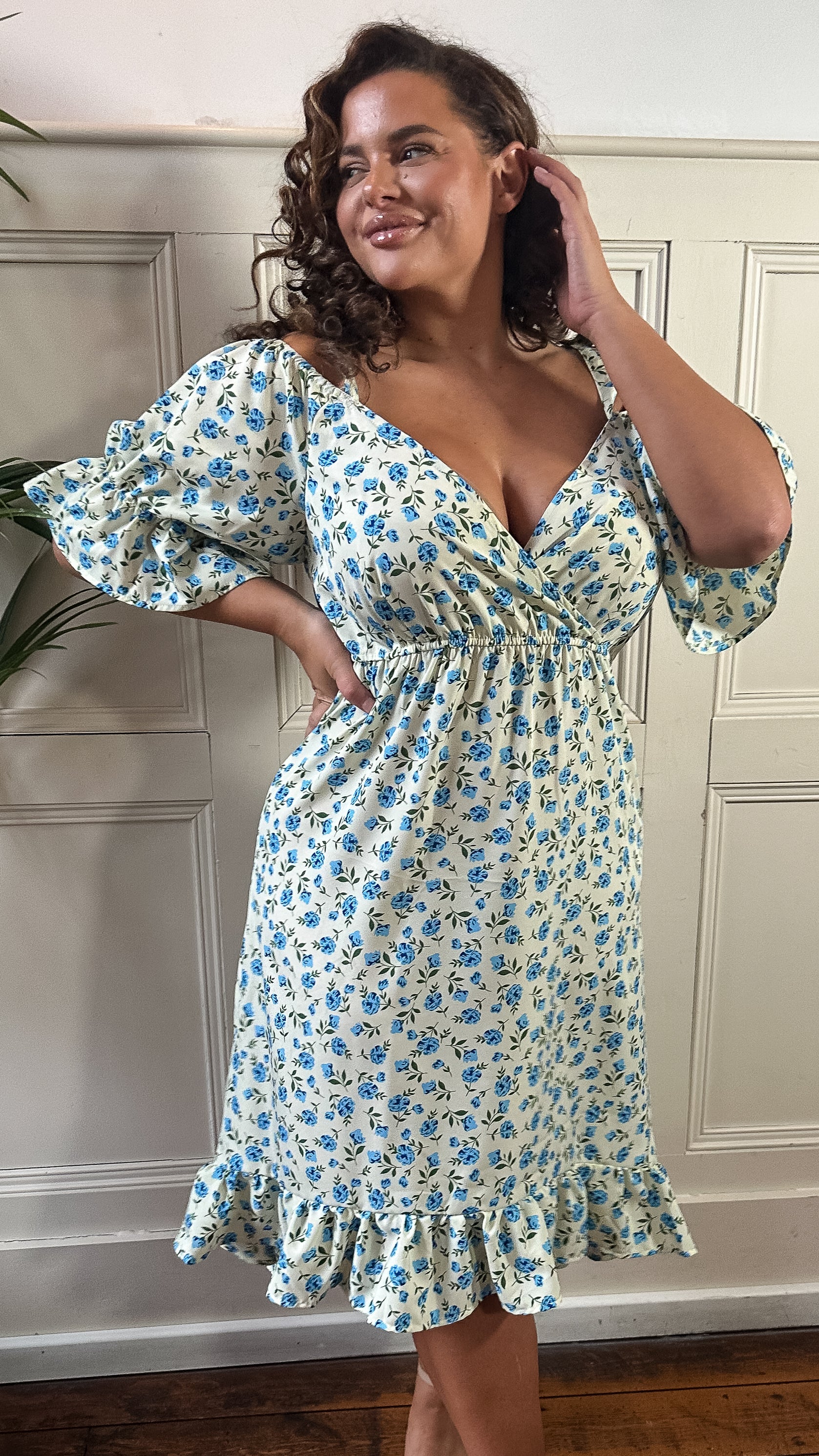 CurveWow Cold Shoulder Frill Dress Blue Ditsy