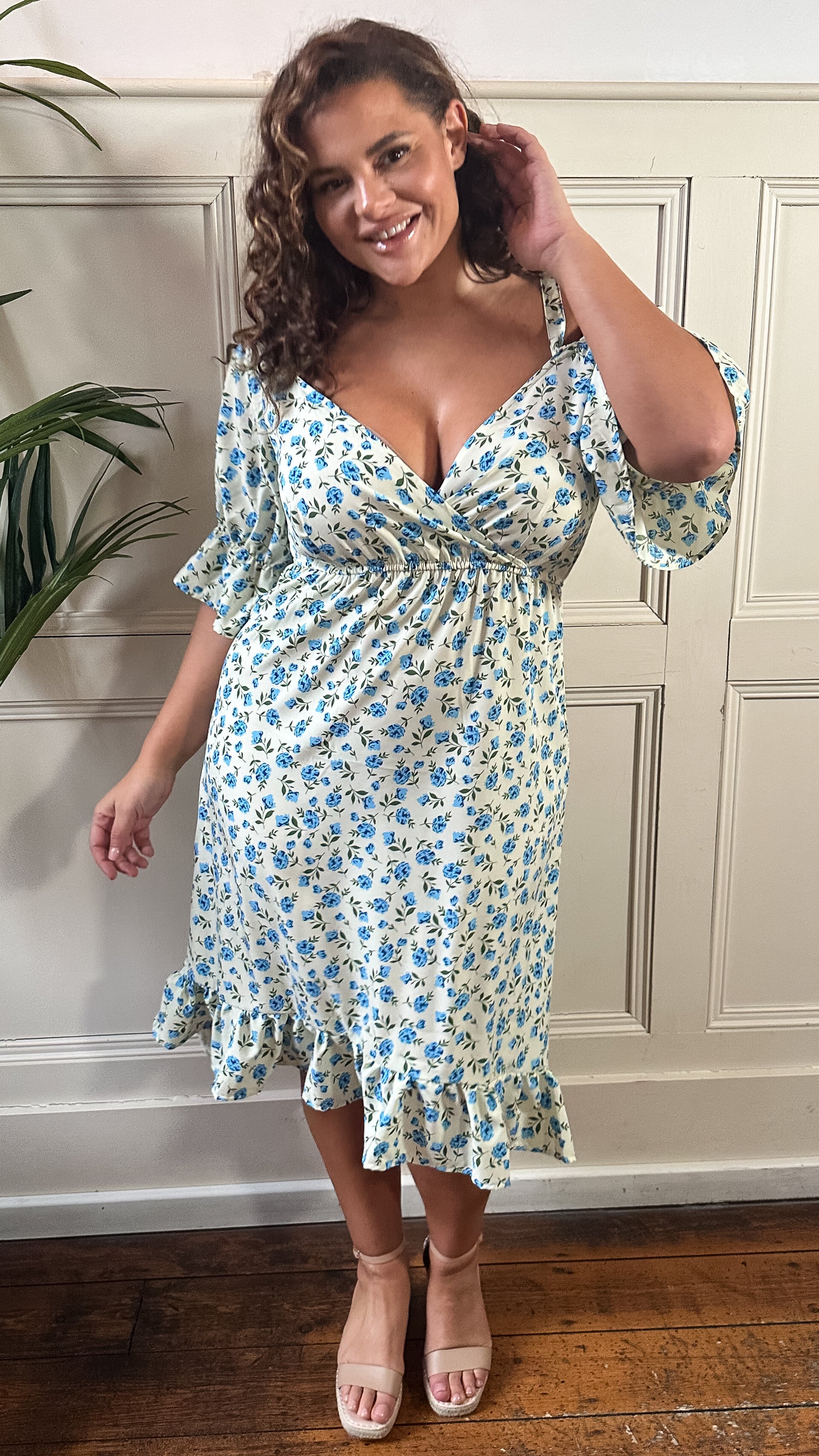 CurveWow Cold Shoulder Frill Dress Blue Ditsy