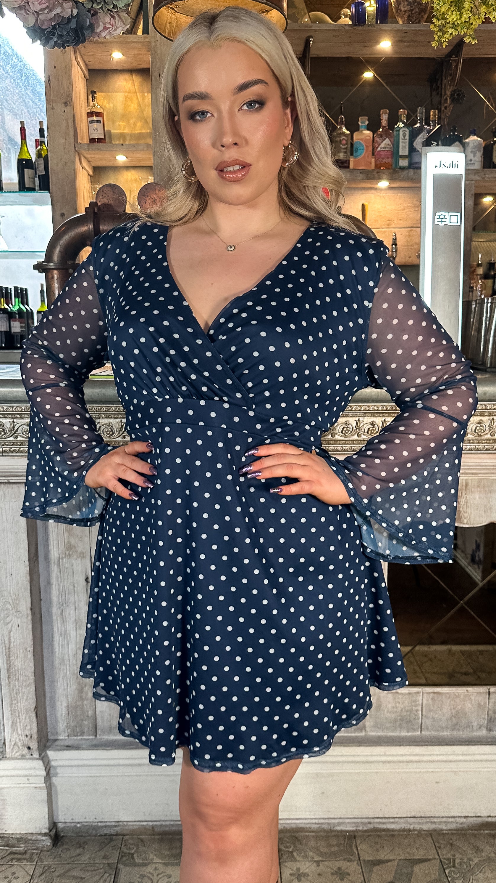 CurveWow Bell Sleeve Wrap Mesh Mini Dress Navy Polka