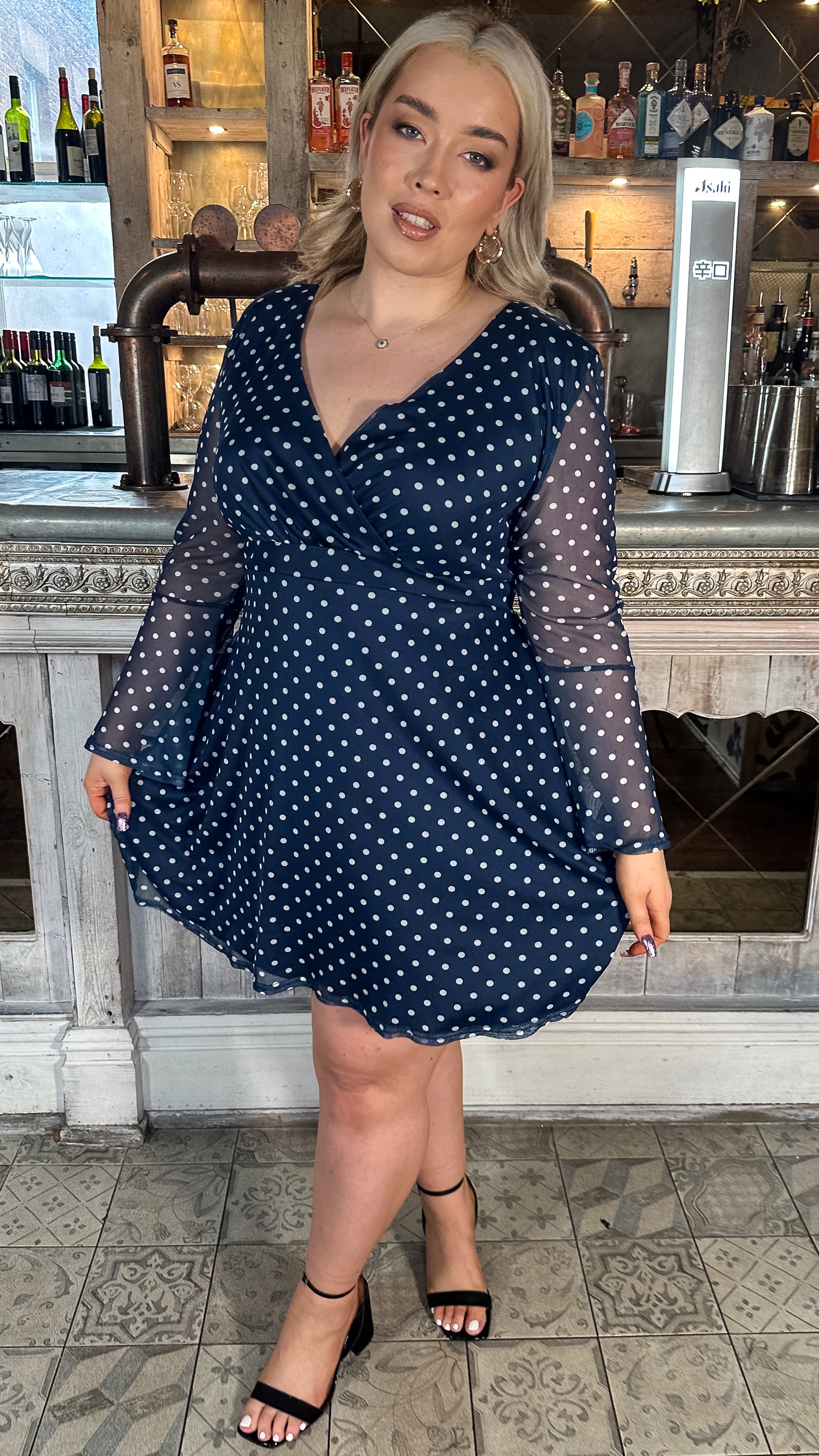 CurveWow Bell Sleeve Wrap Mesh Mini Dress Navy Polka