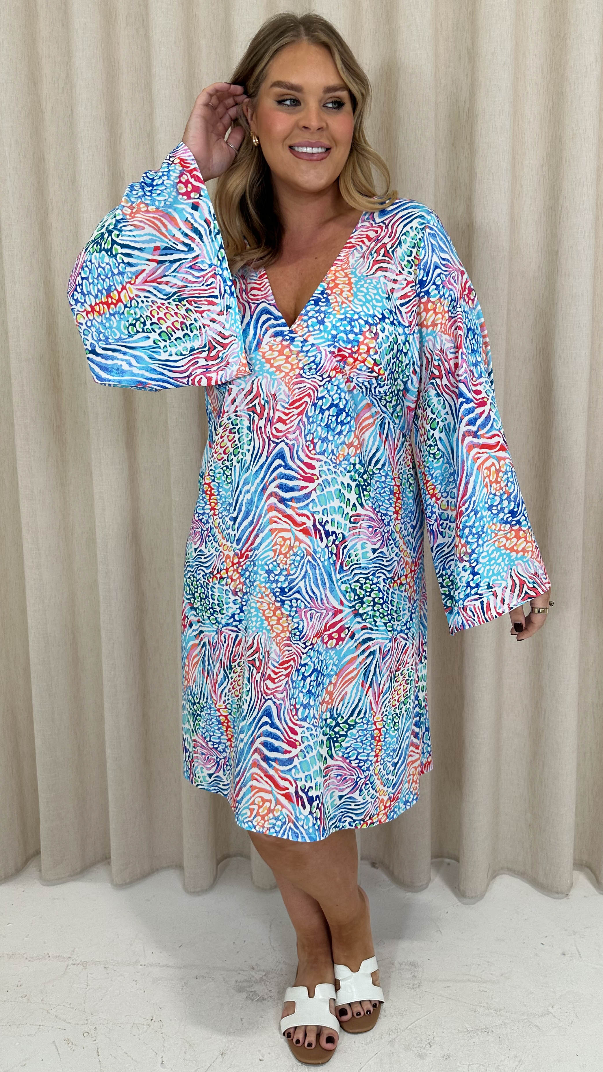 CurveWow V Neck Long Angel Sleeve Mini Dress Mixed Animal