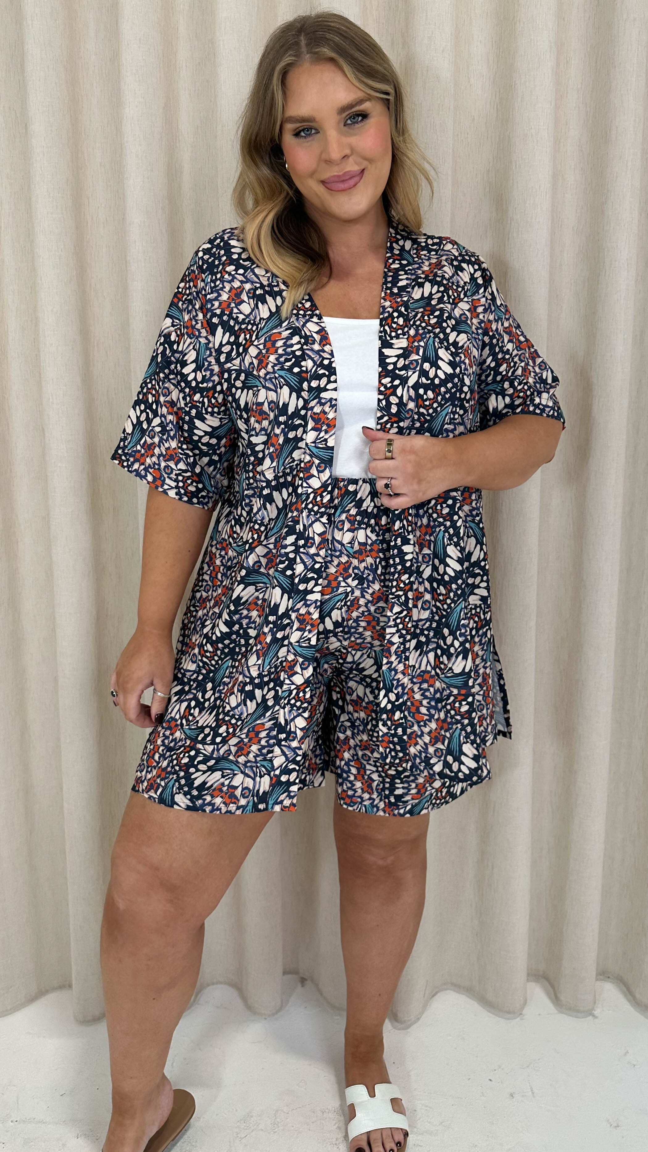 CurveWow Short Kimono Navy Mix Print