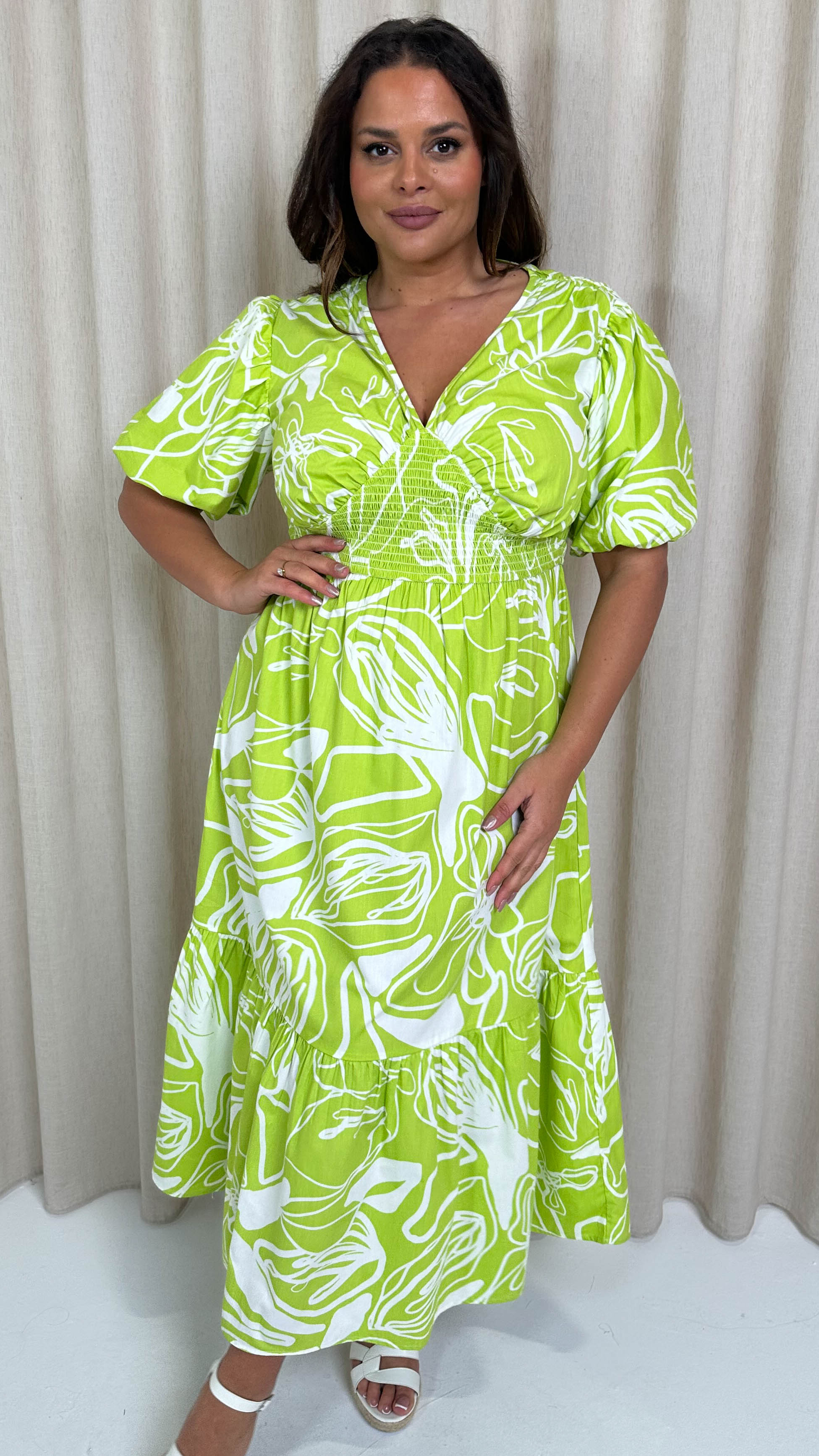 CurveWow Puff Sleeve Vneck Maxi Dress Lime Abstract