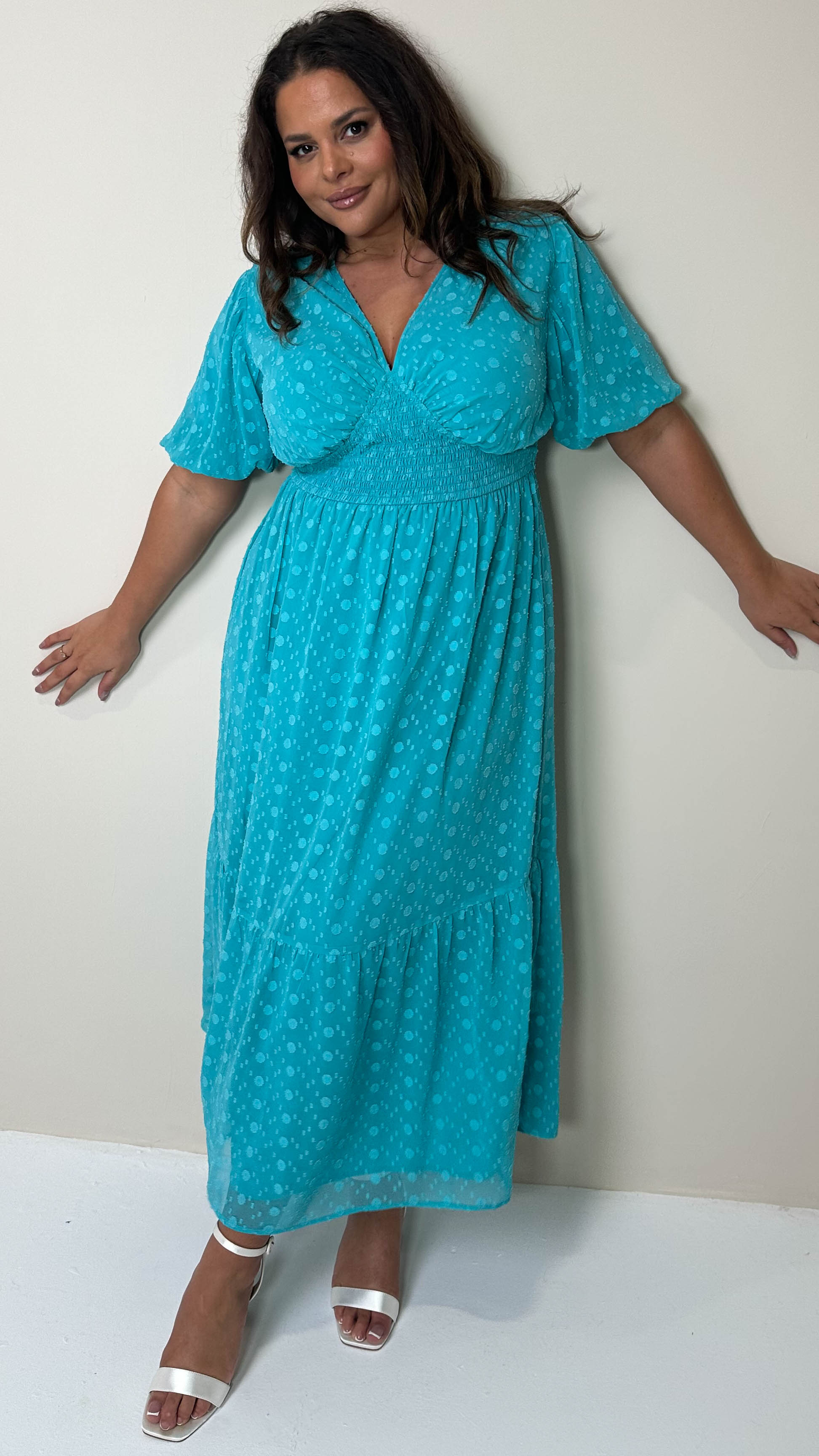 CurveWow Dobby Shiffly Puff Sleeve Vneck Maxi Dress Blue
