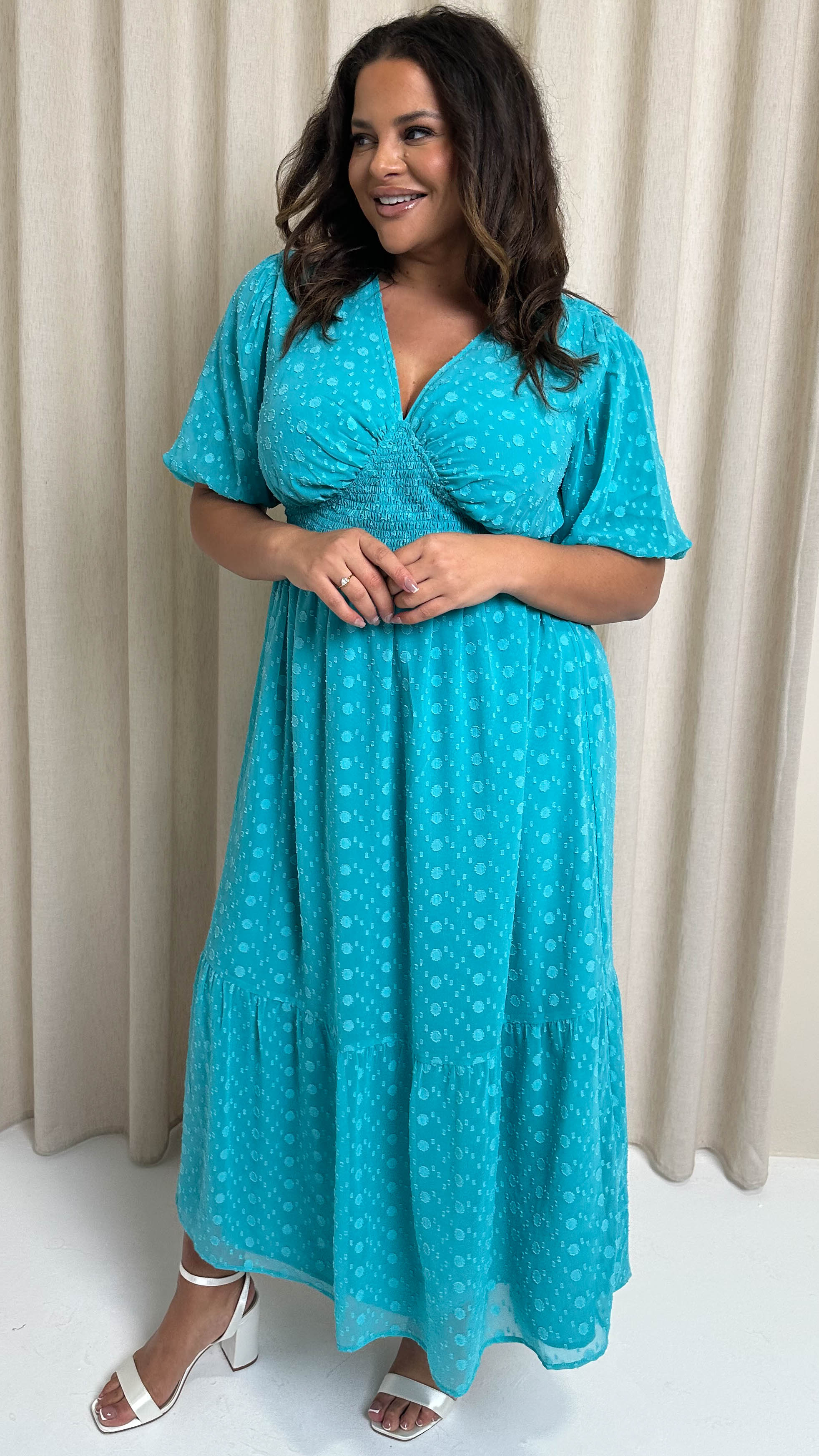 CurveWow Dobby Shiffly Puff Sleeve Vneck Maxi Dress Blue