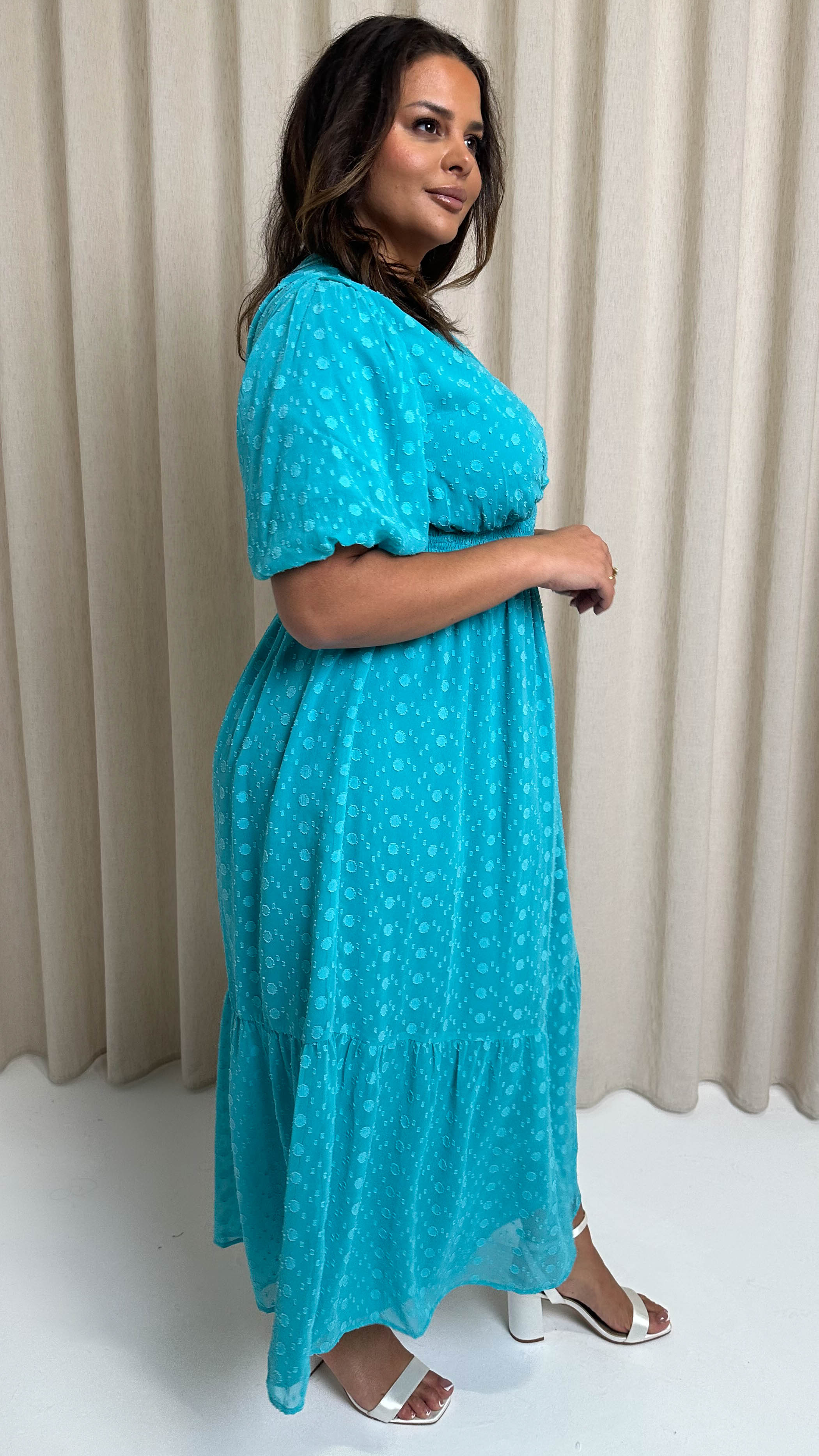 CurveWow Dobby Shiffly Puff Sleeve Vneck Maxi Dress Blue