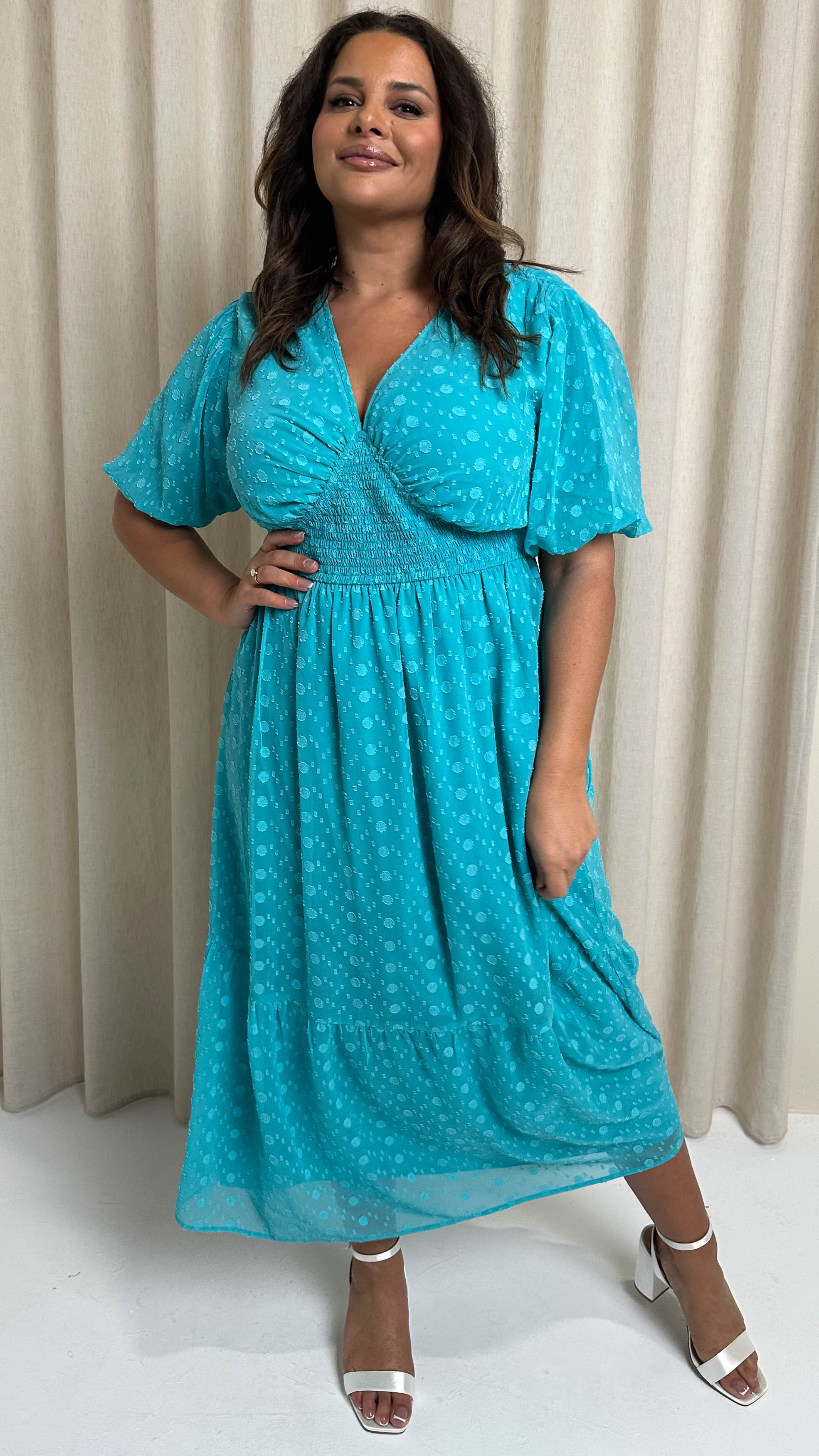 CurveWow Dobby Shiffly Puff Sleeve Vneck Maxi Dress Blue