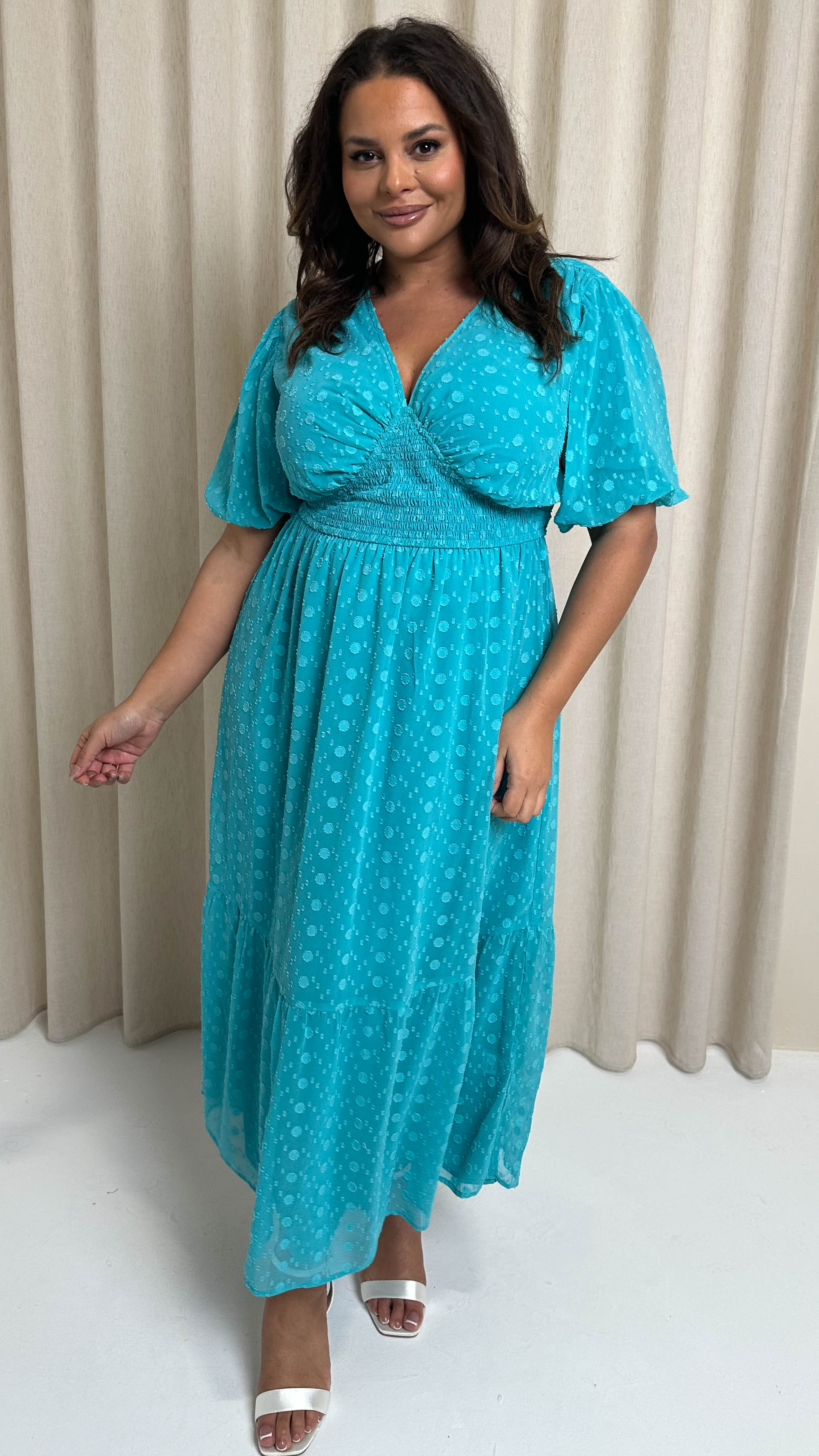 CurveWow Dobby Shiffly Puff Sleeve Vneck Maxi Dress Blue