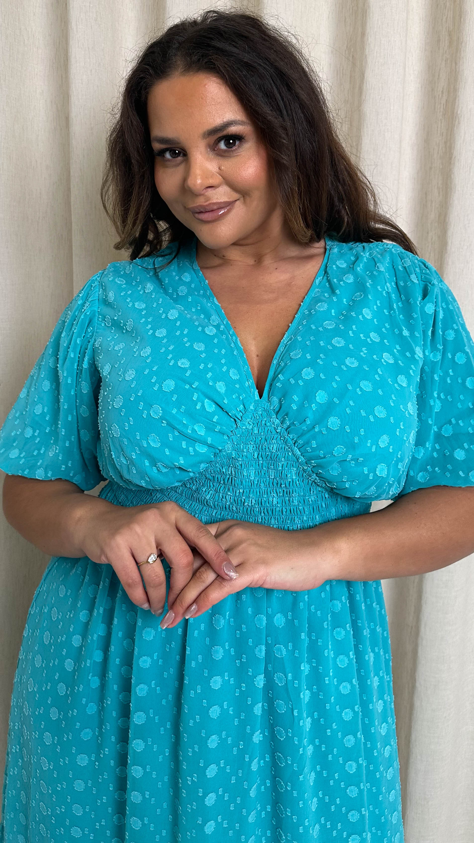 CurveWow Dobby Shiffly Puff Sleeve Vneck Maxi Dress Blue