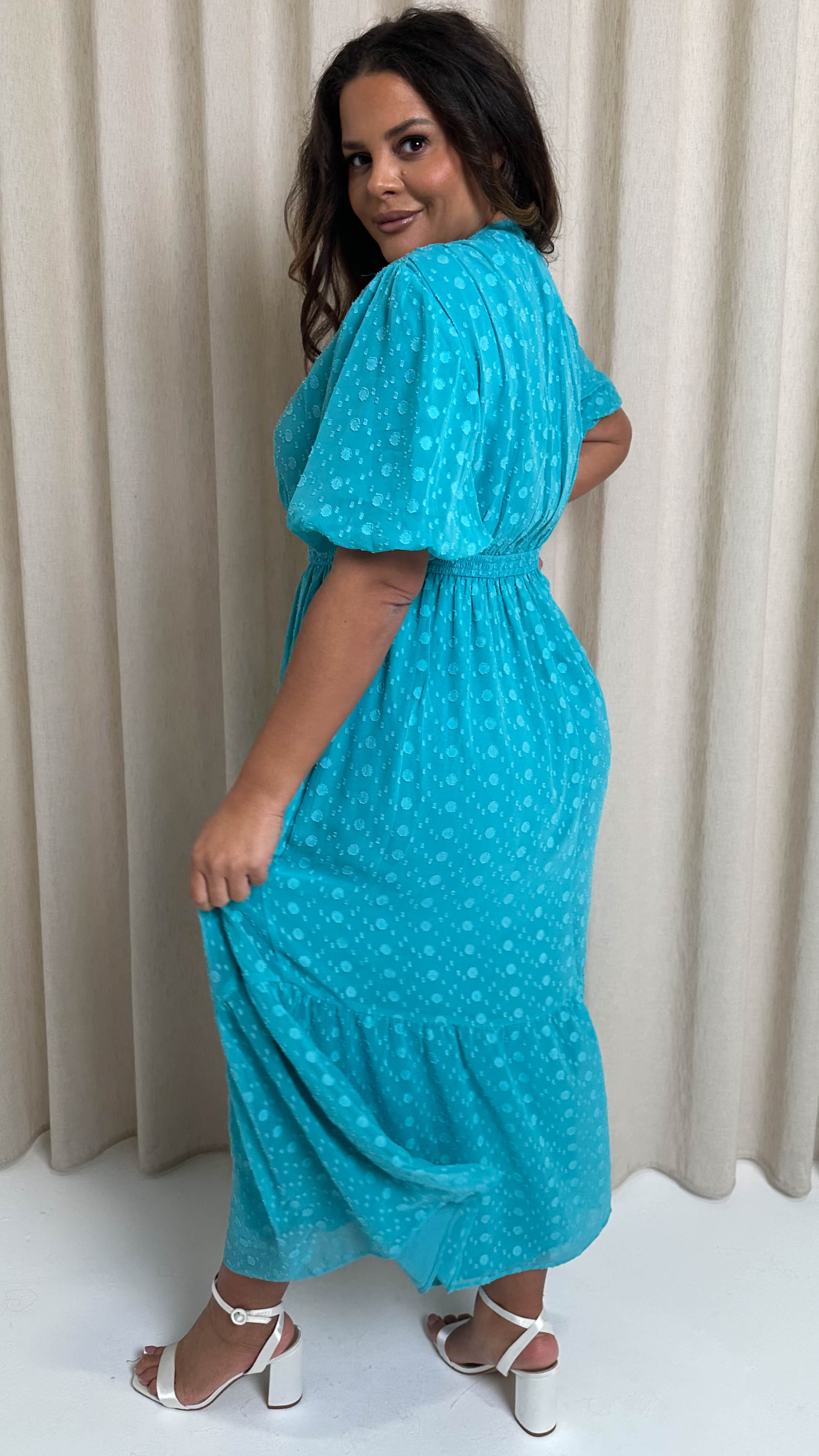 CurveWow Dobby Shiffly Puff Sleeve Vneck Maxi Dress Blue