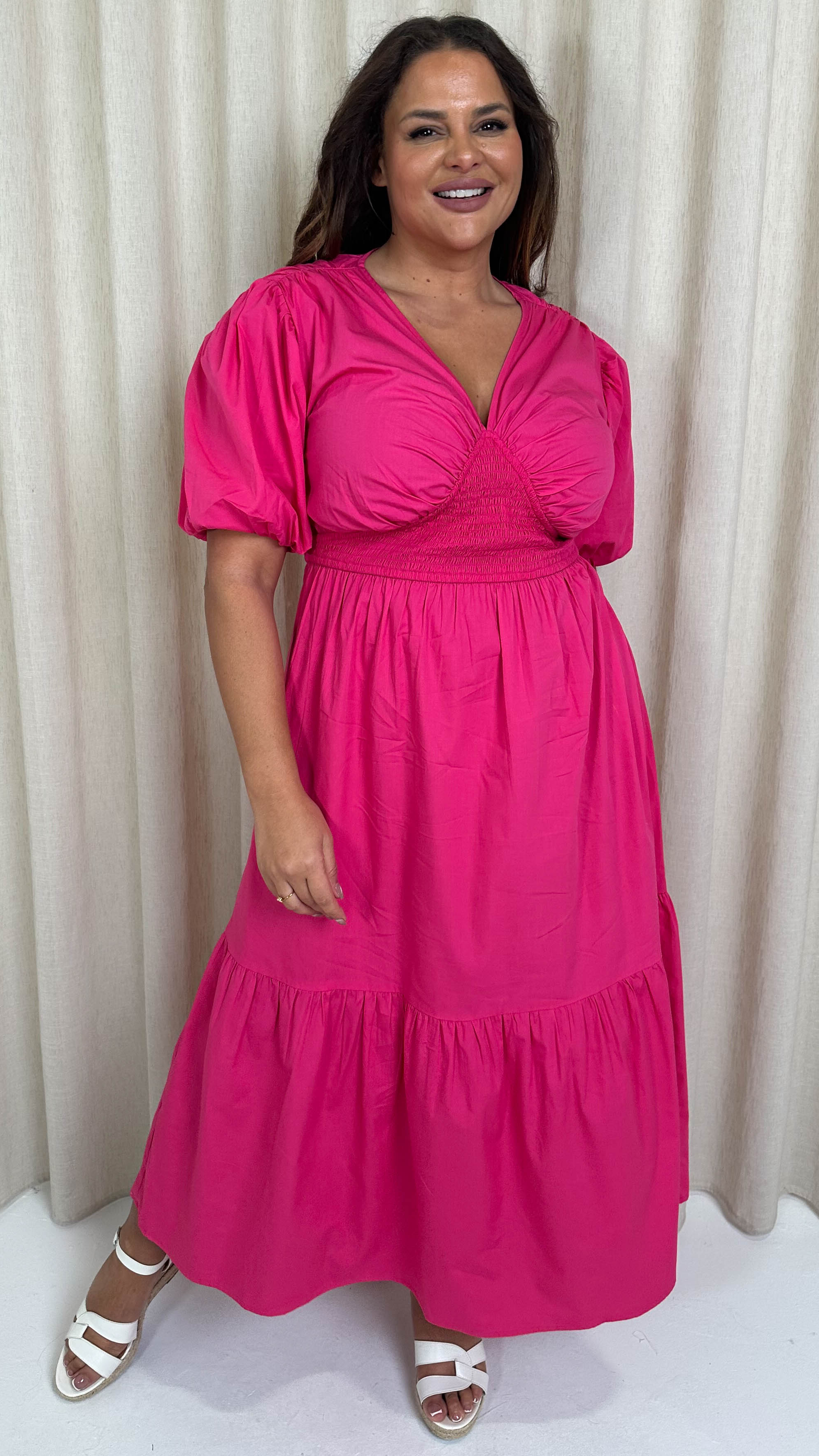 CurveWow Puff Sleeve Vneck Maxi Dress Fuchsia