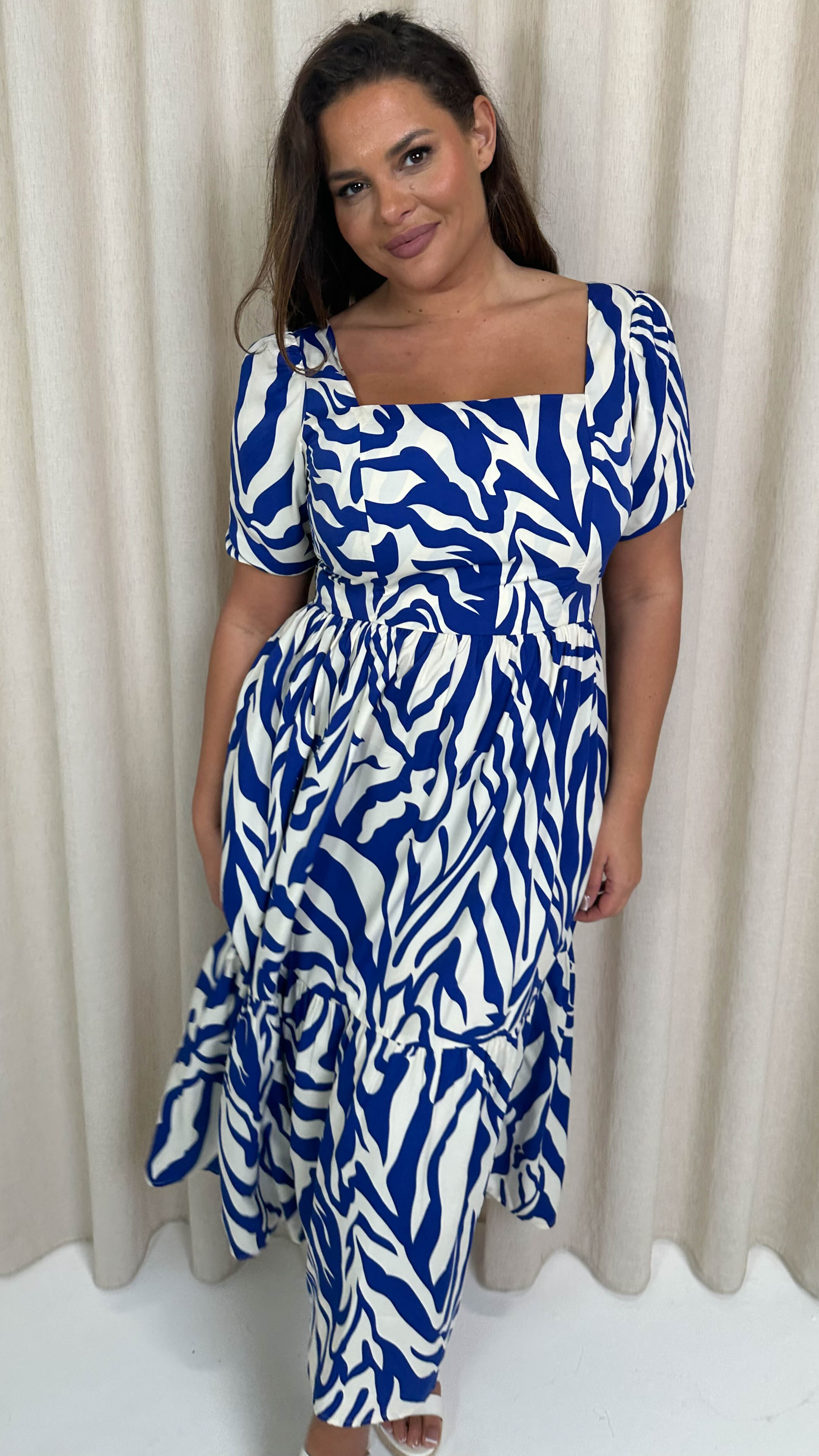 CurveWow Square Neck Puff Sleeve Dress Blue Zebra