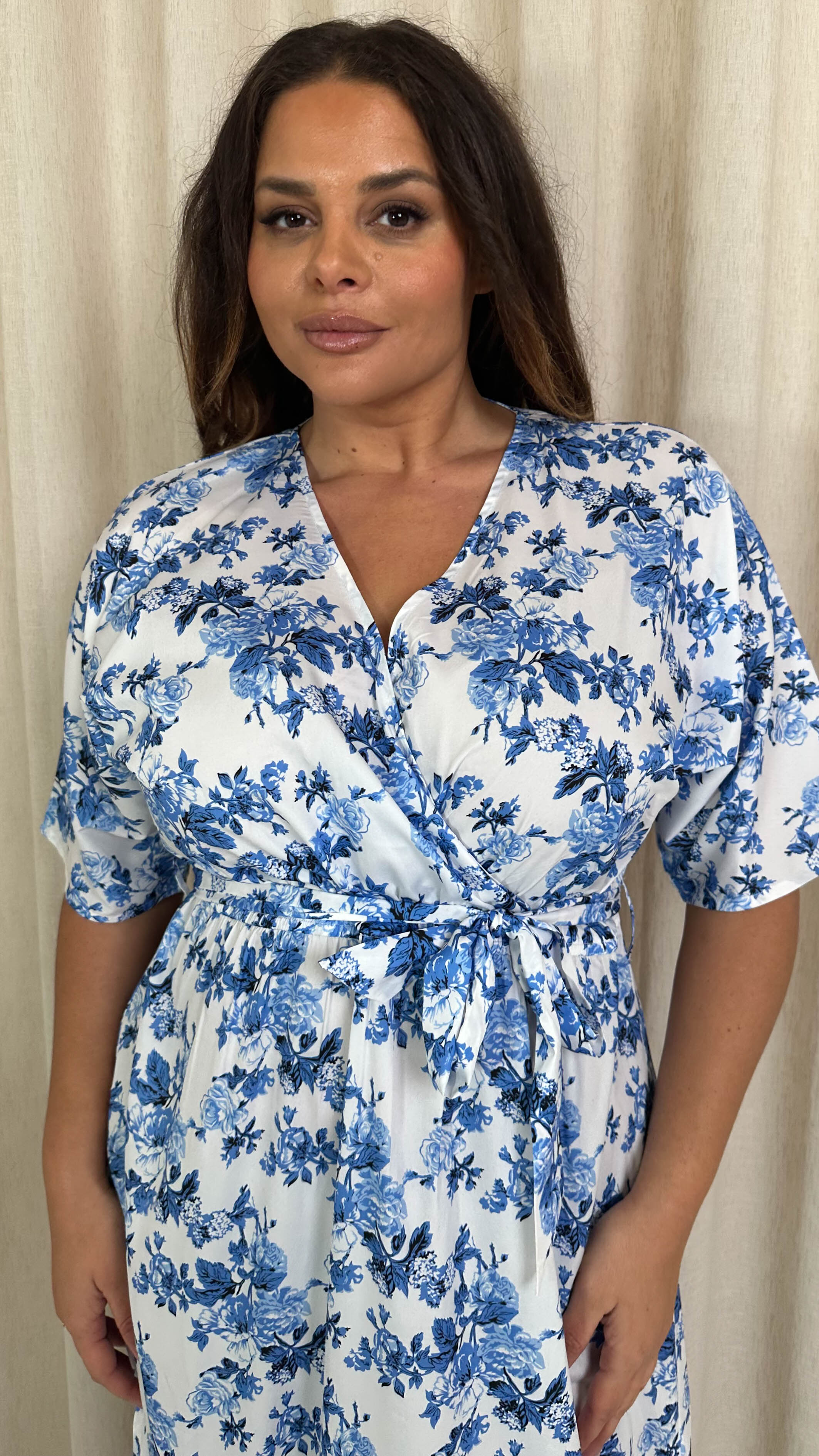 CurveWow Oriental Wrap Maxi Dress Blue Floral