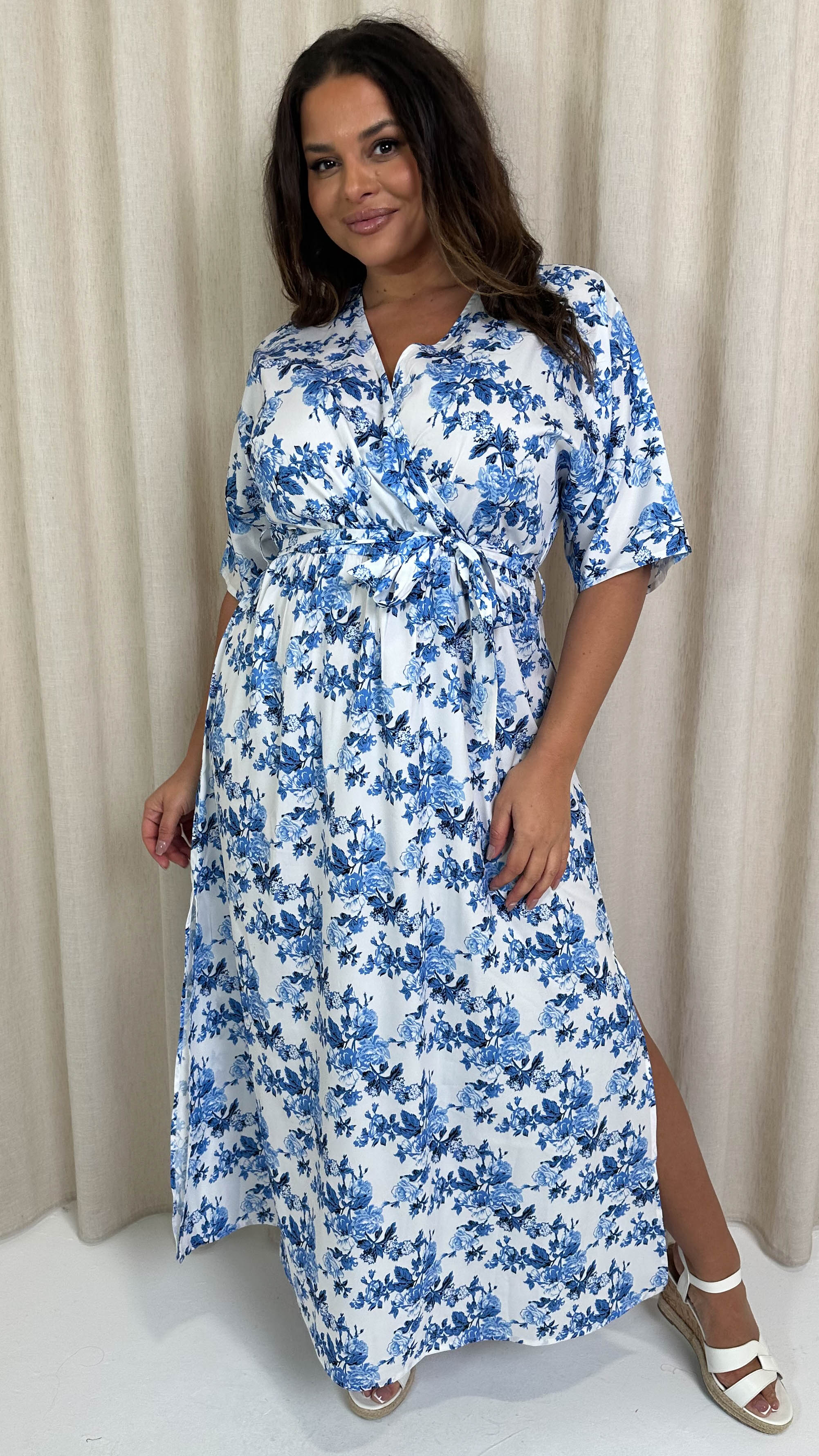 CurveWow Oriental Wrap Maxi Dress Blue Floral