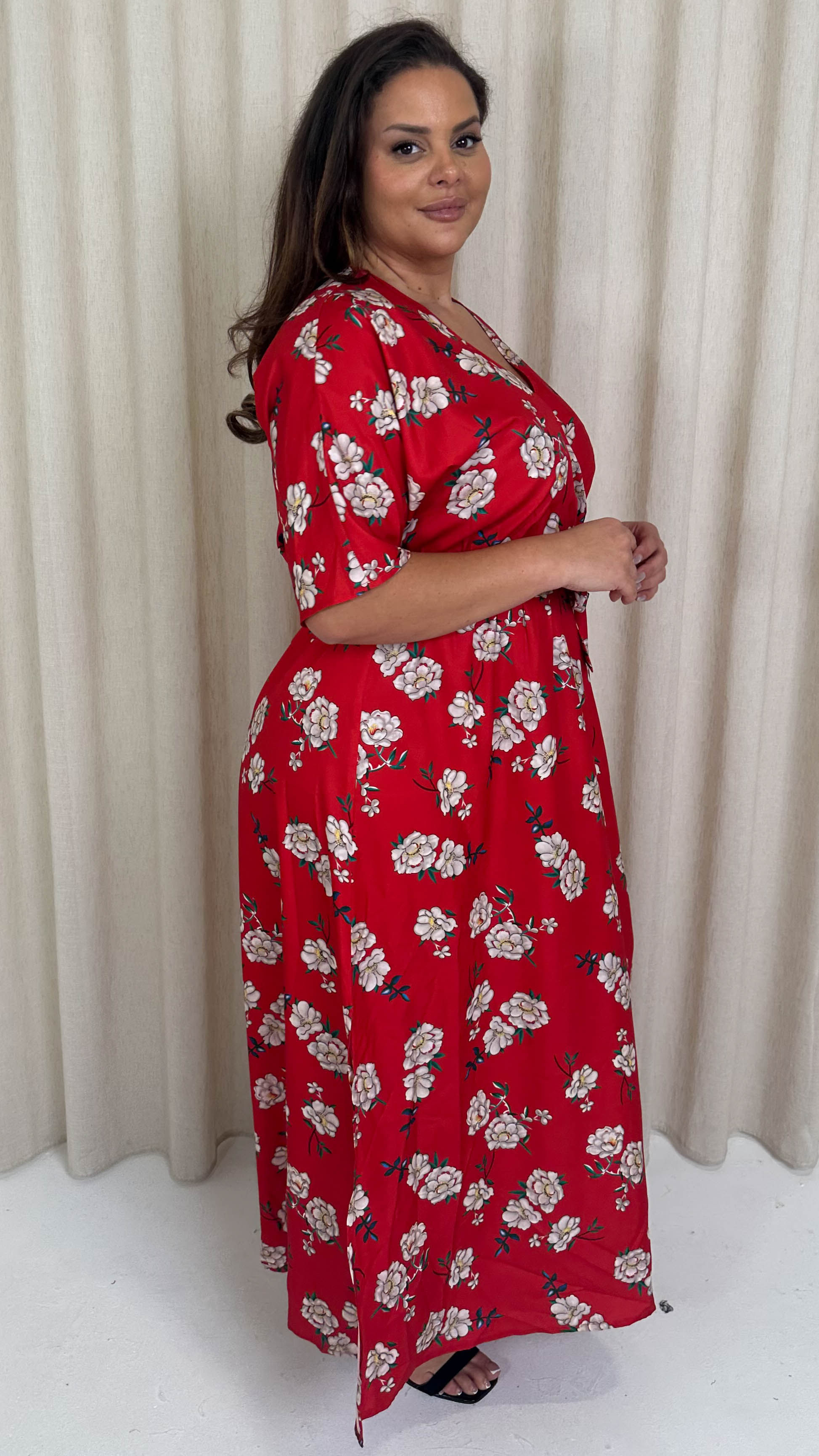 CurveWow Oriental Wrap Maxi Dress Red Floral