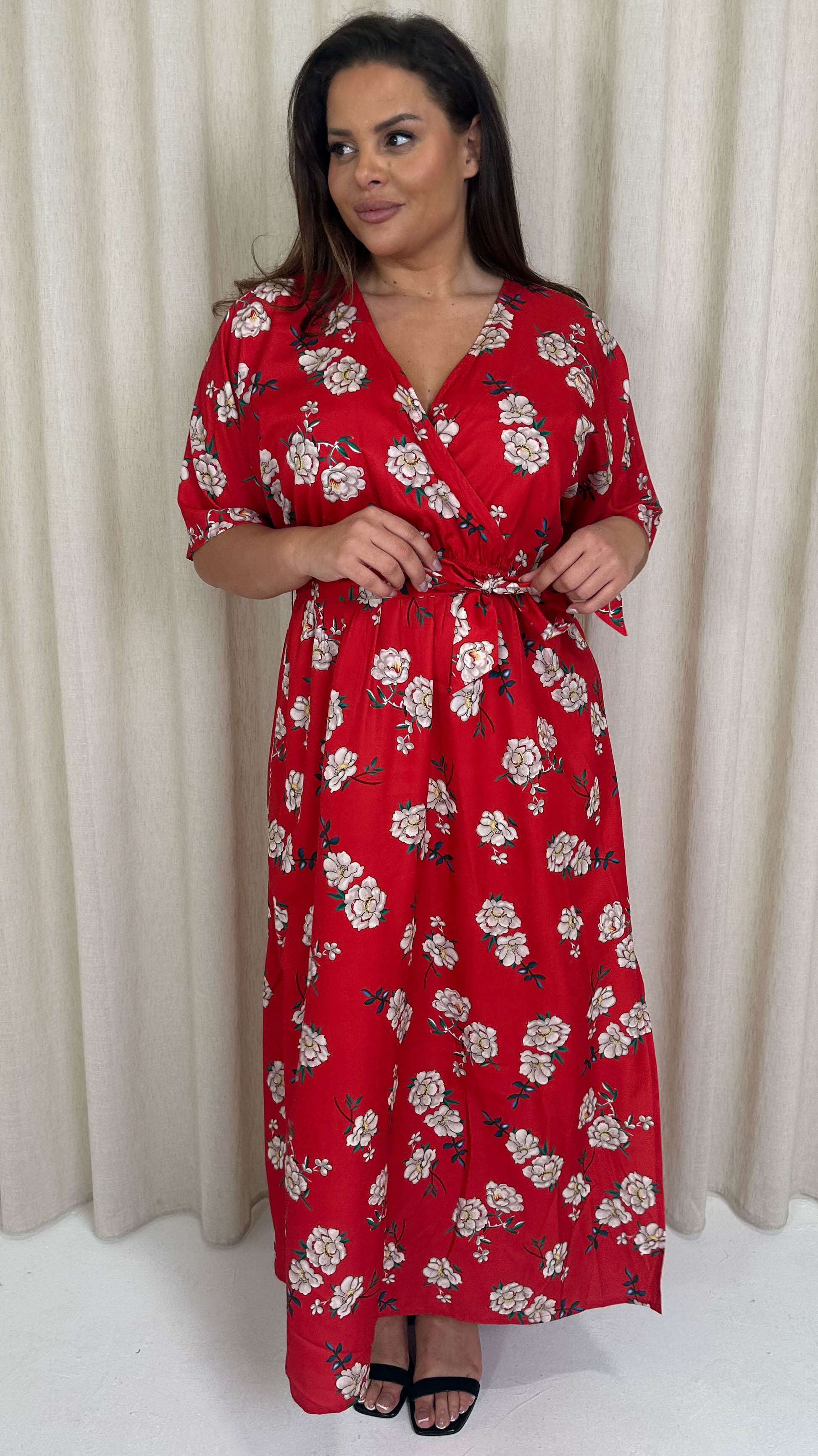 CurveWow Oriental Wrap Maxi Dress Red Floral