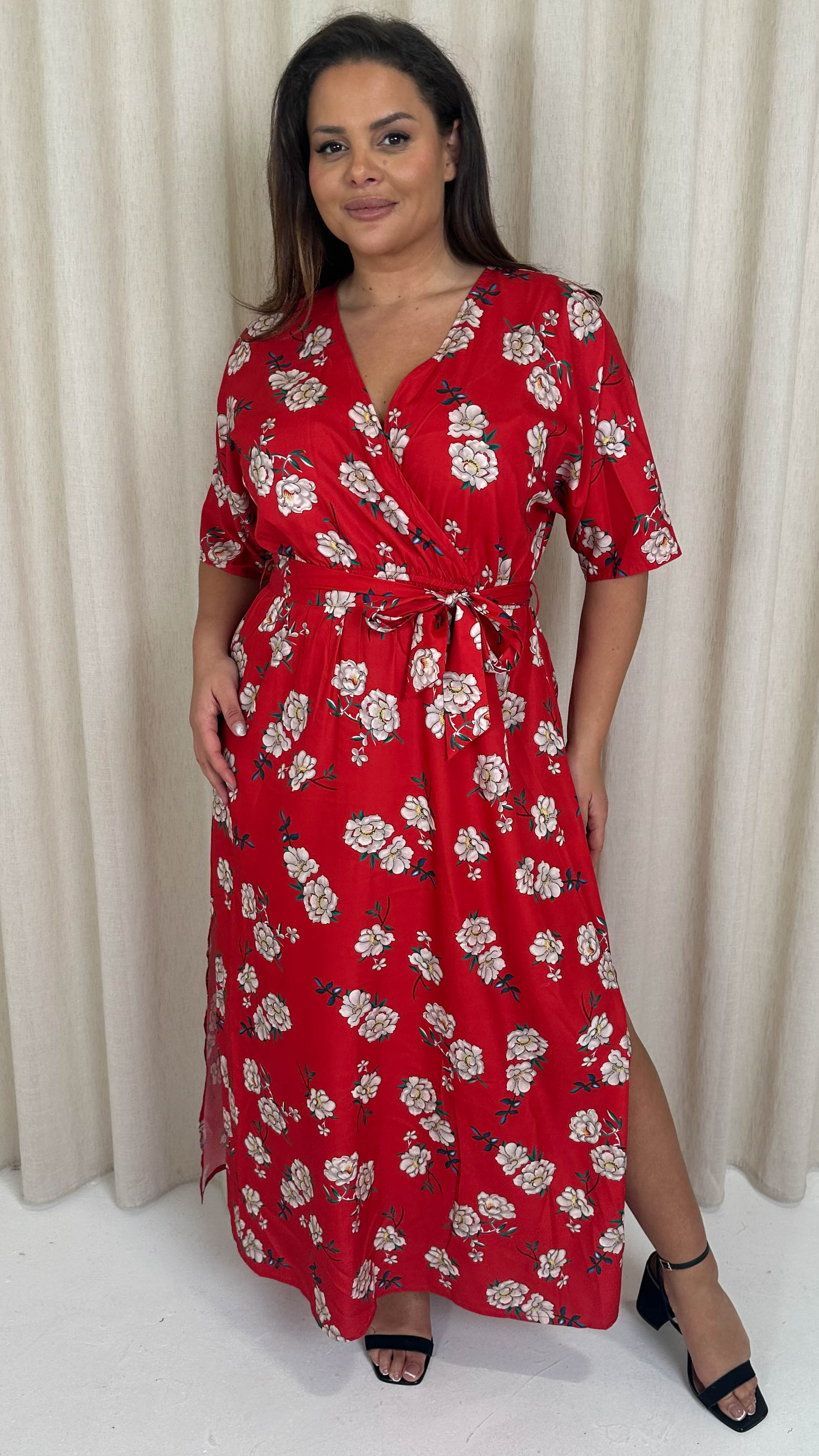 CurveWow Oriental Wrap Maxi Dress Red Floral