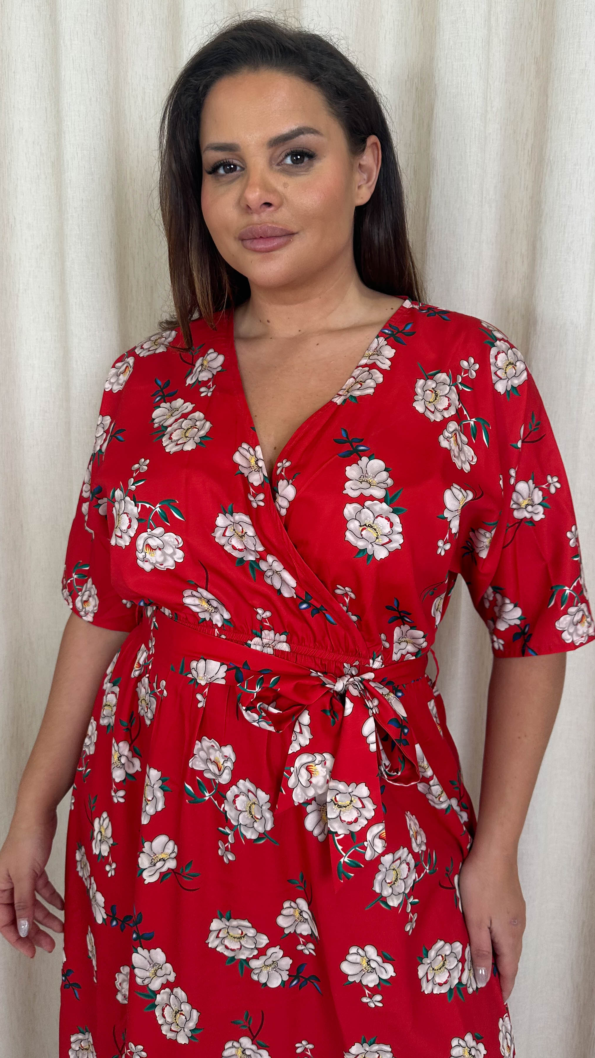 CurveWow Oriental Wrap Maxi Dress Red Floral