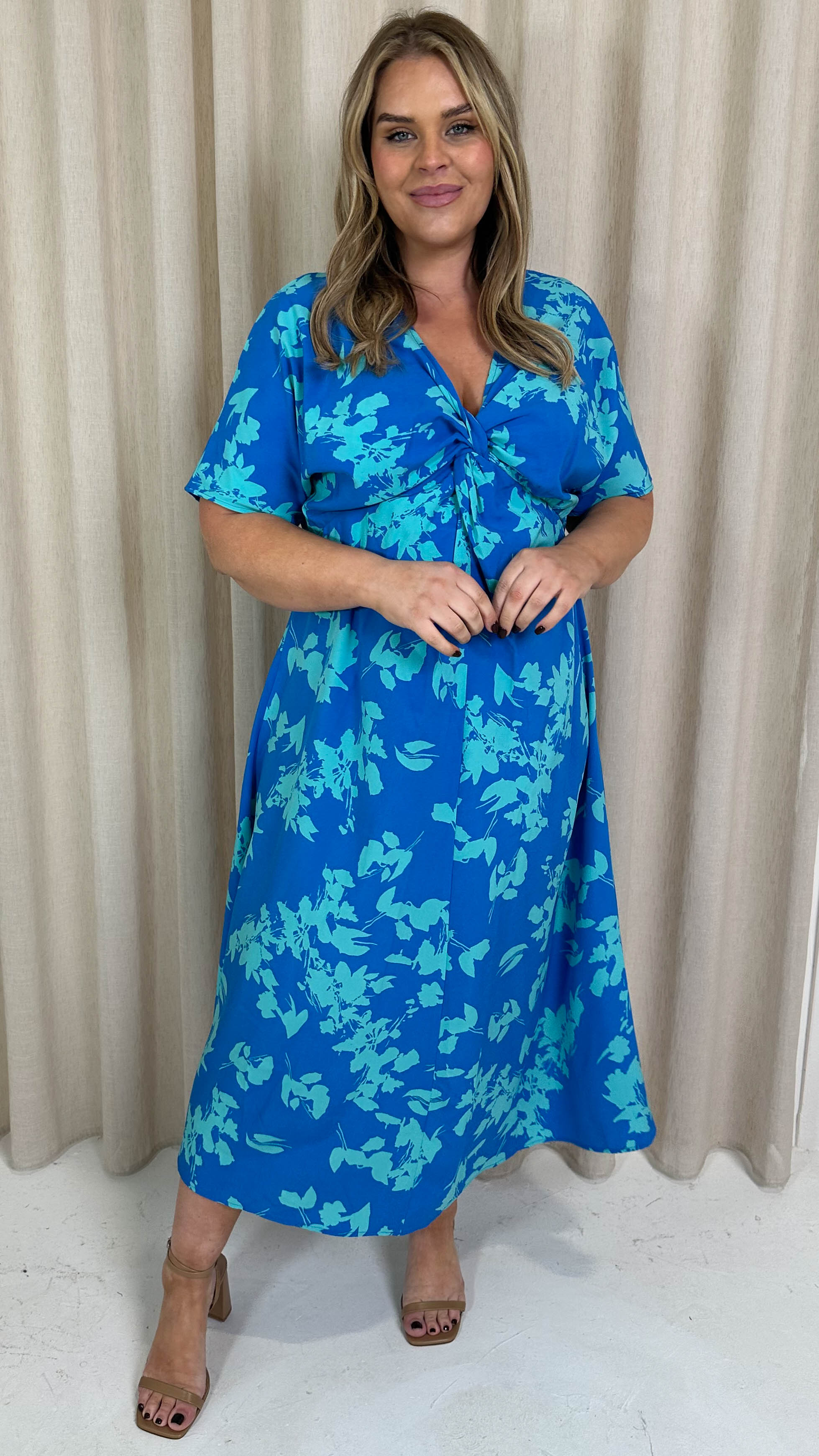 CurveWow Satin Knot Front Maxi Dress Blue Floral
