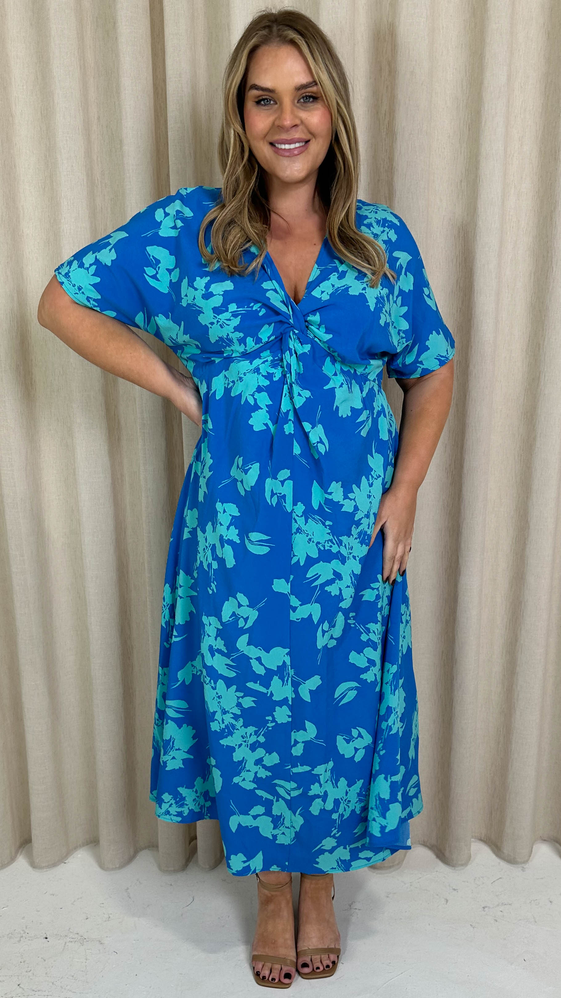 CurveWow Satin Knot Front Maxi Dress Blue Floral