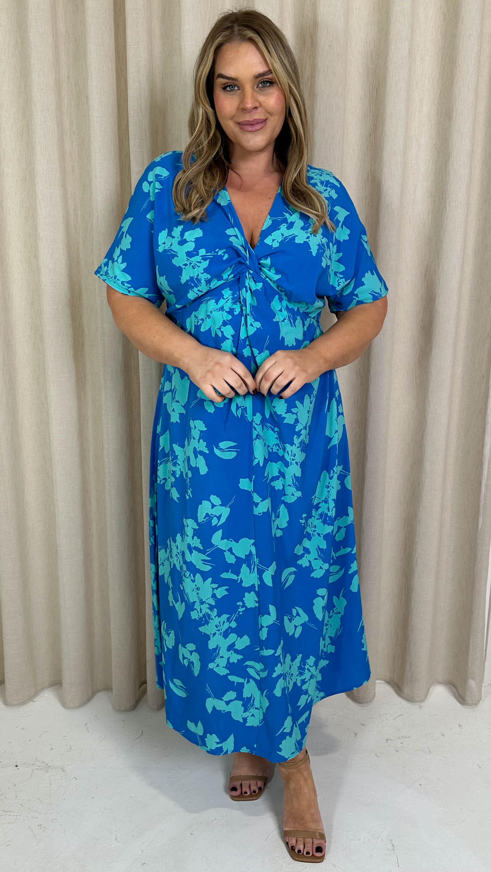 CurveWow Satin Knot Front Maxi Dress Blue Floral