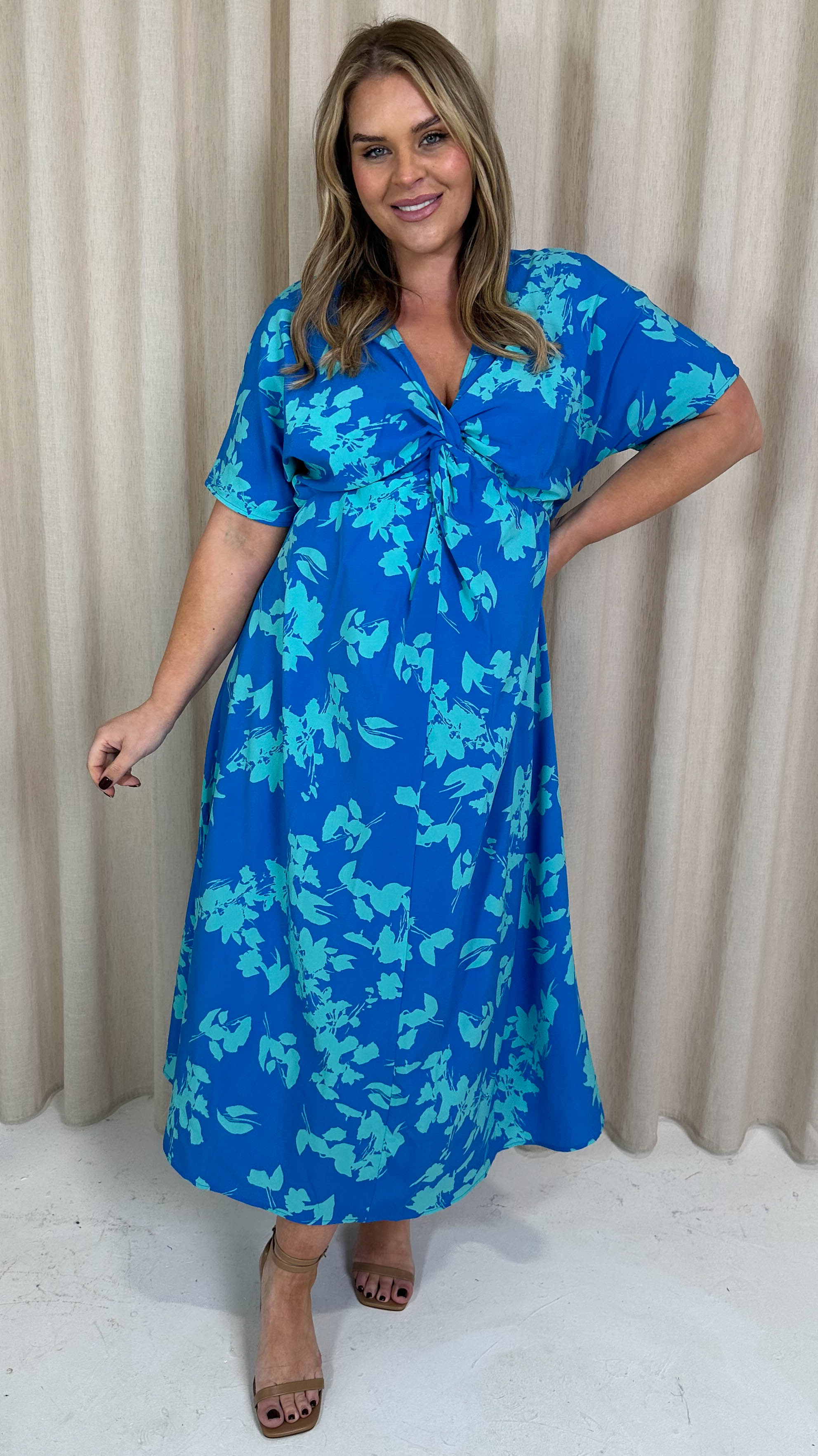 CurveWow Satin Knot Front Maxi Dress Blue Floral
