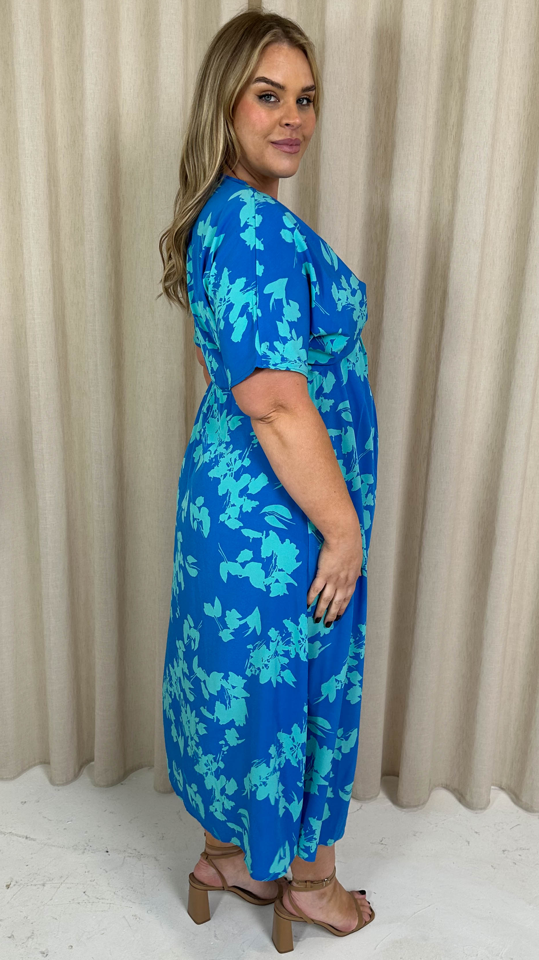 CurveWow Satin Knot Front Maxi Dress Blue Floral