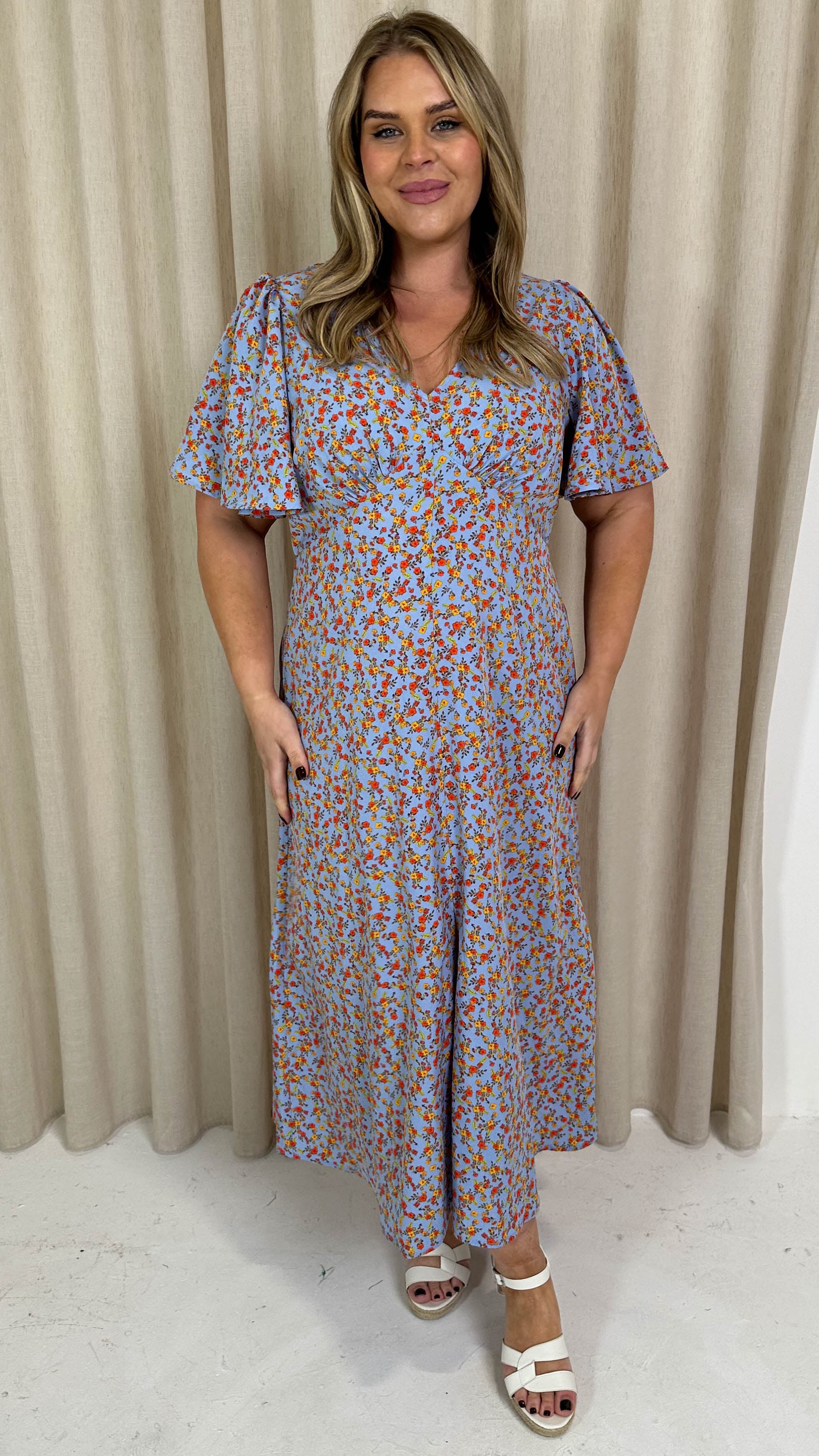 CurveWow V Neck Split Front Midaxi Dress Blue Ditsy