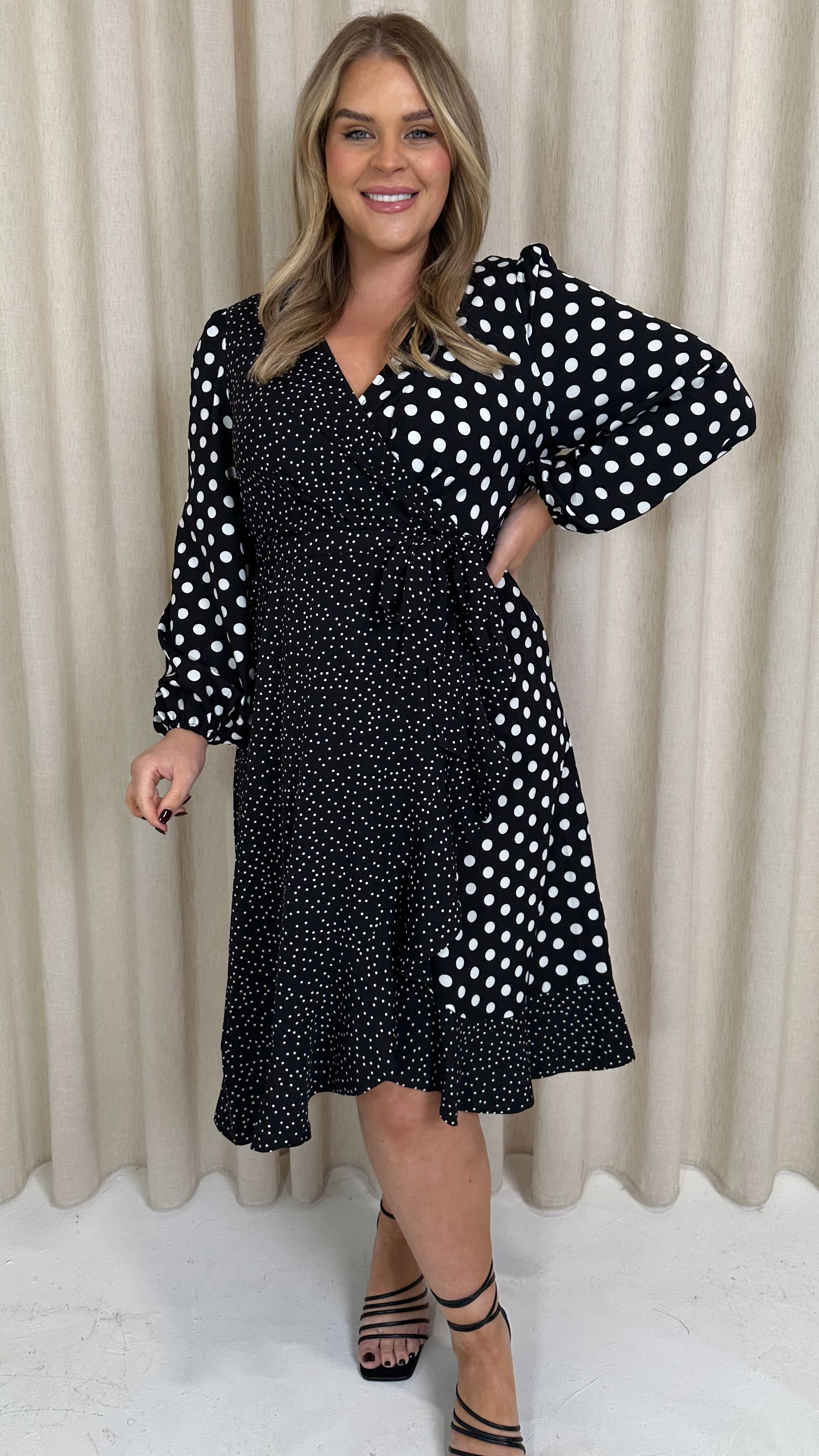 CurveWow Spliced Polkadot Frill Hem Wrap Dress Black