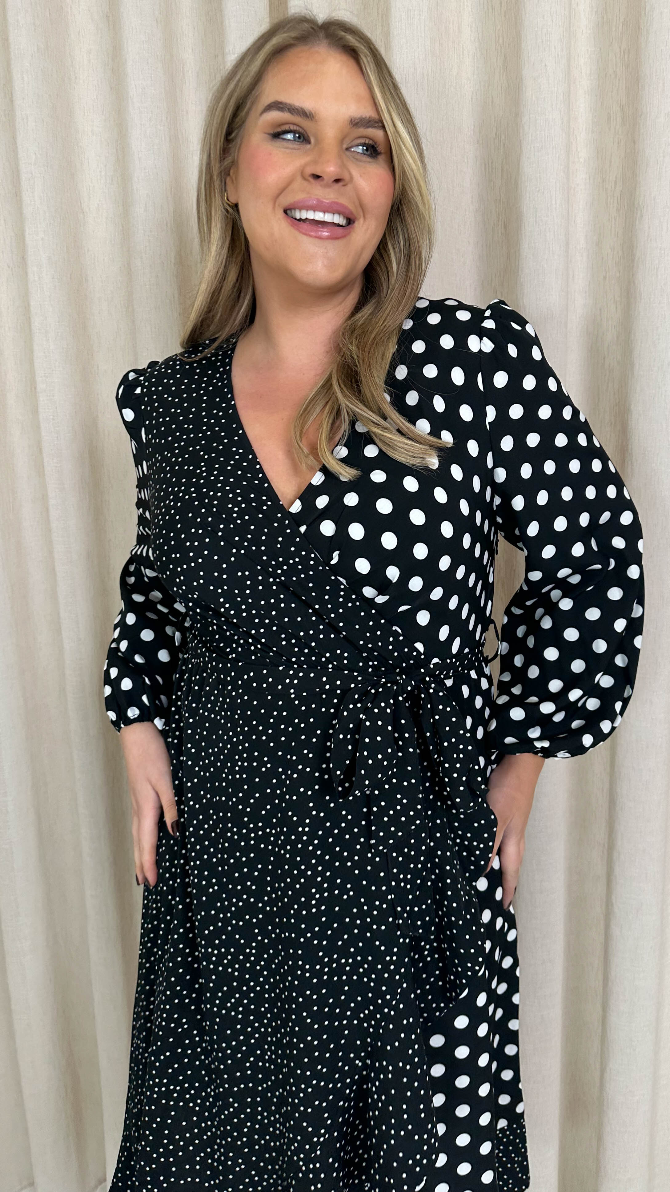CurveWow Spliced Polkadot Frill Hem Wrap Dress Black