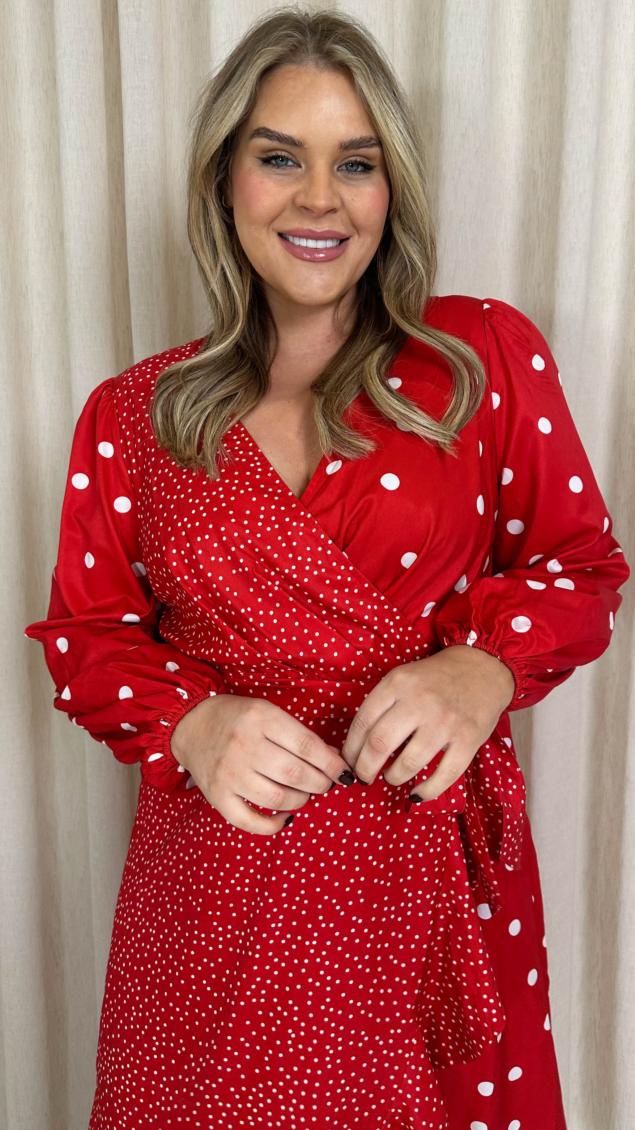 CurveWow Spliced Polkadot Frill Hem Wrap Dress Red