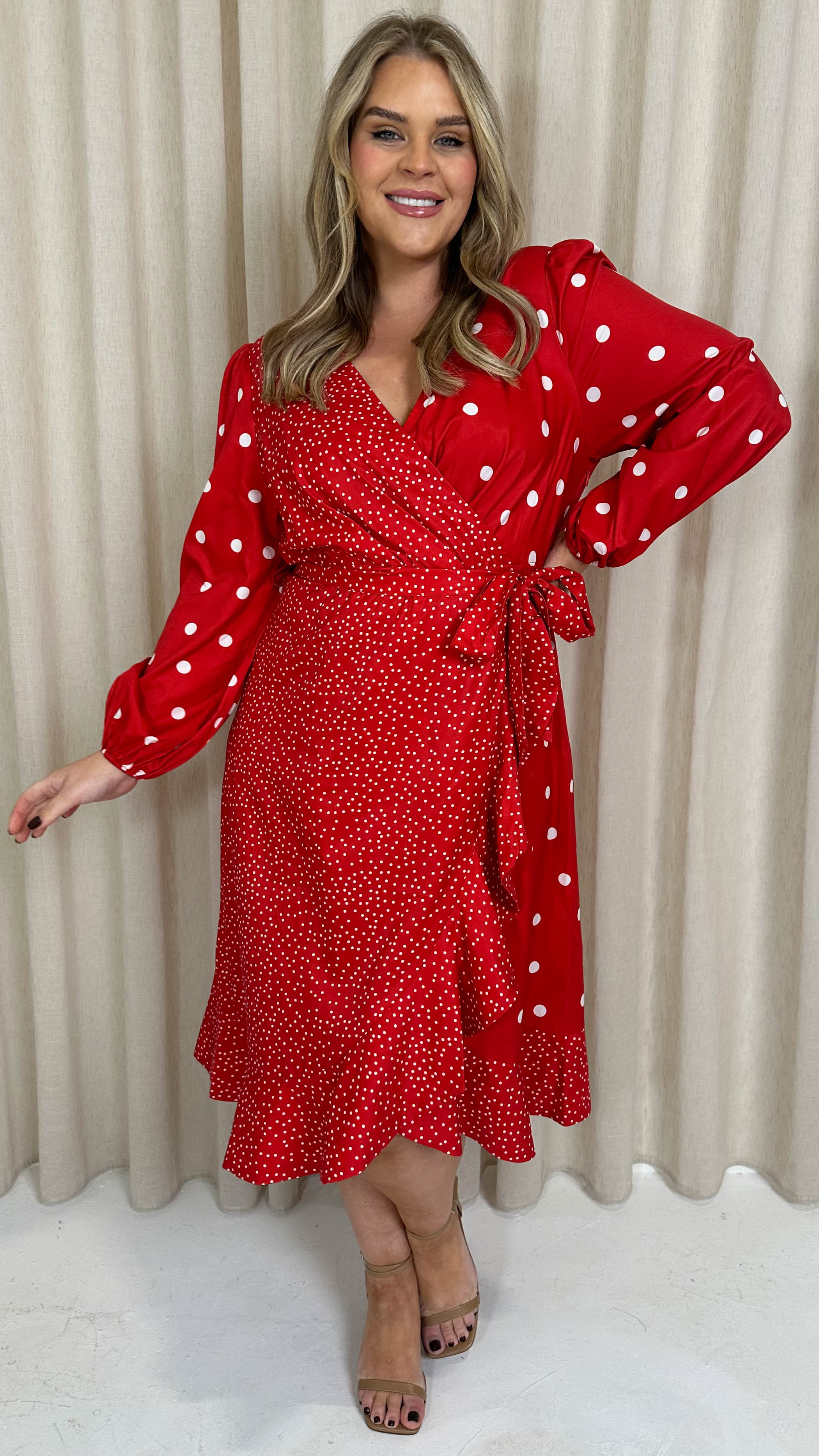 CurveWow Spliced Polkadot Frill Hem Wrap Dress Red