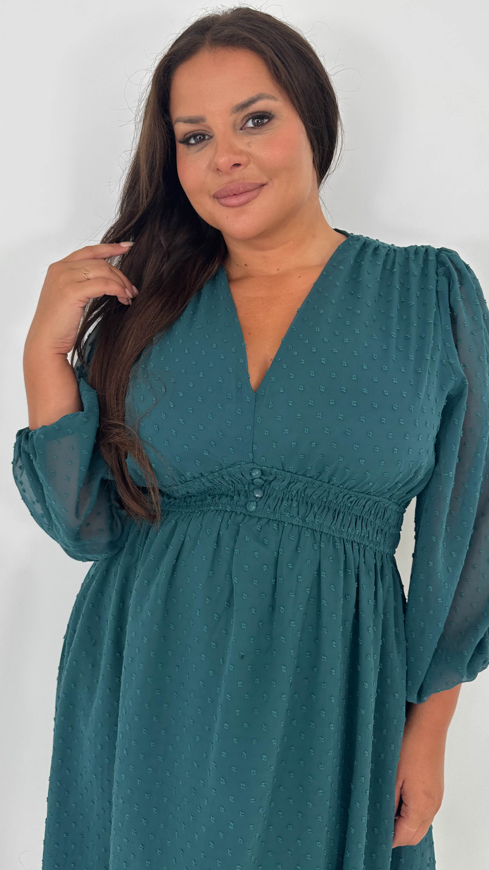 CurveWow Dobby Shirred Bodice Midi Dress Forest Green