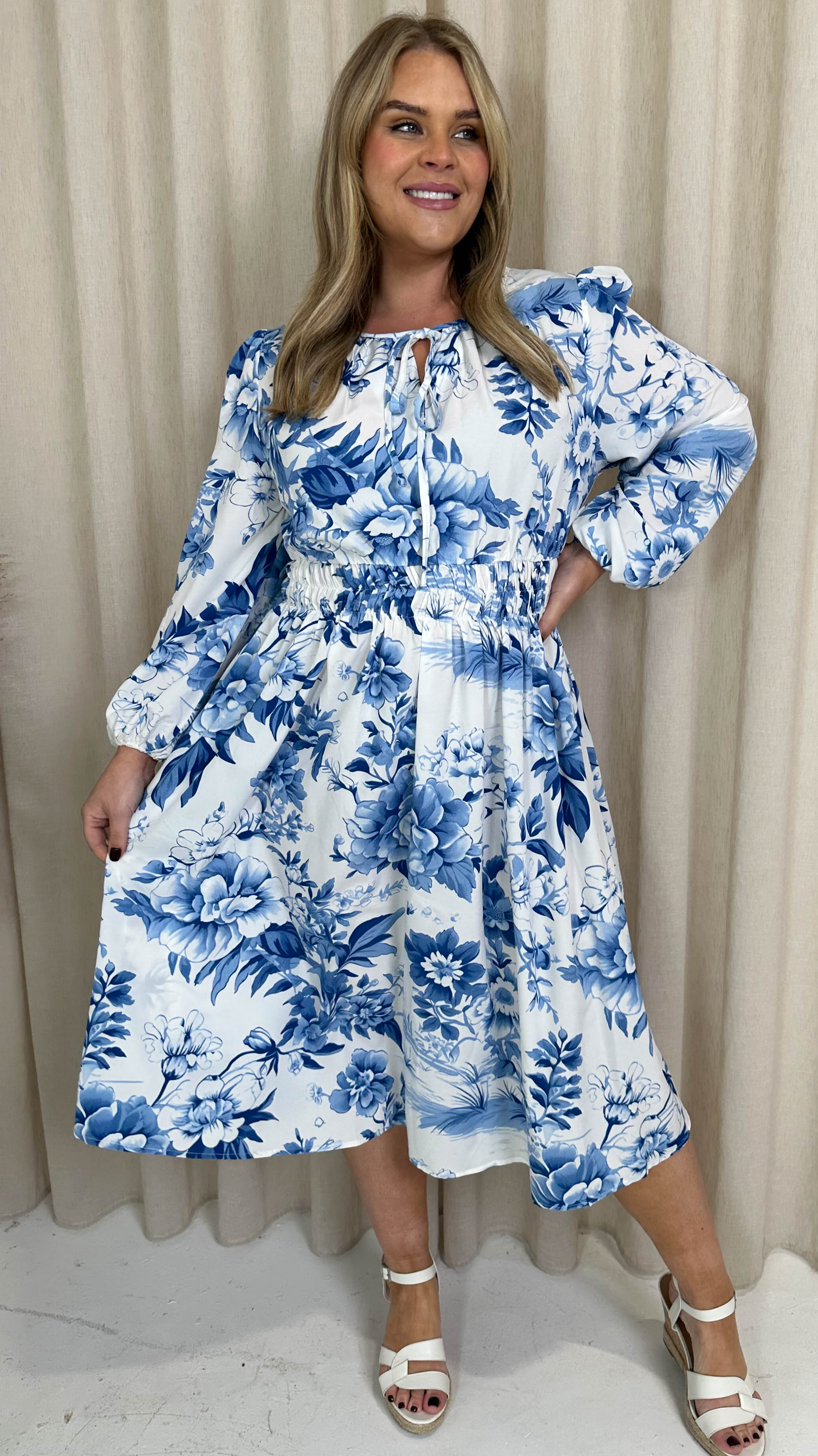 CurveWow LS Keyhole Front Dress White and Blue Floral
