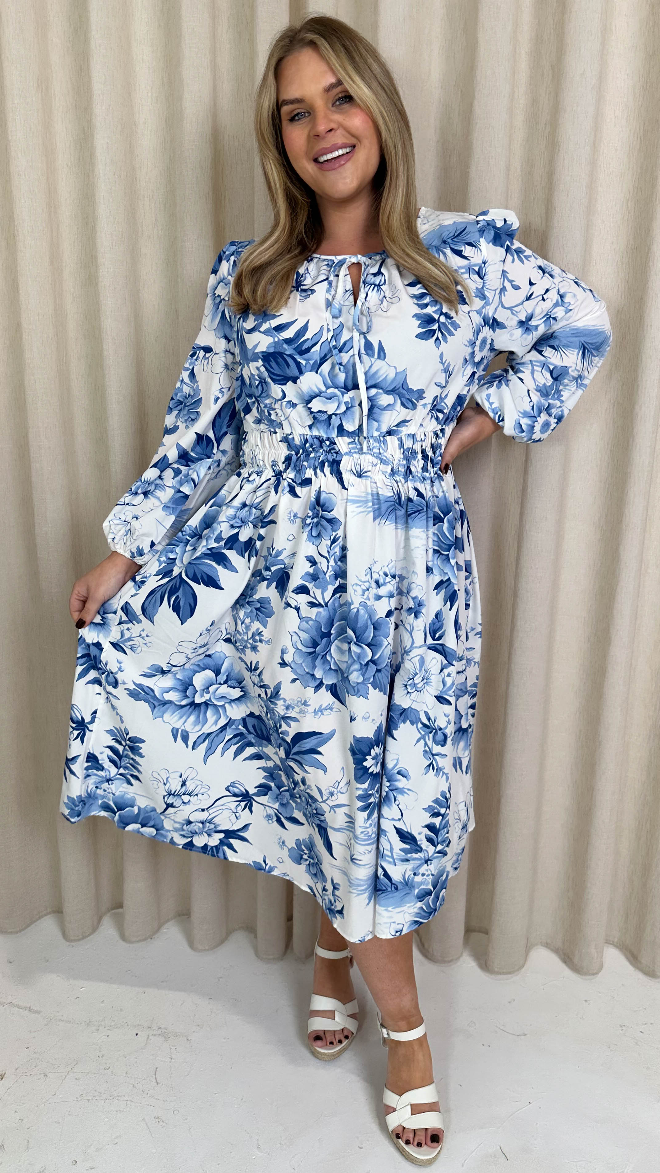 CurveWow LS Keyhole Front Dress White and Blue Floral