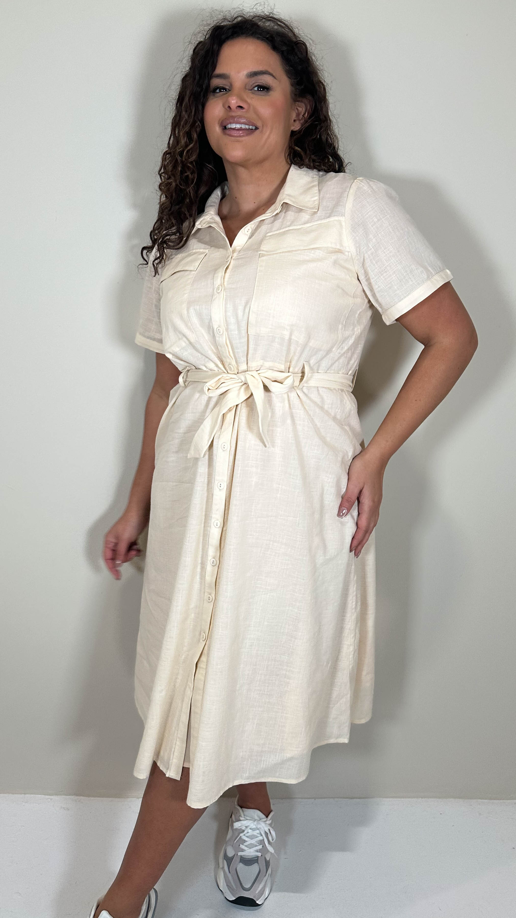 CurveWow SS Pocket Utility Dress Beige