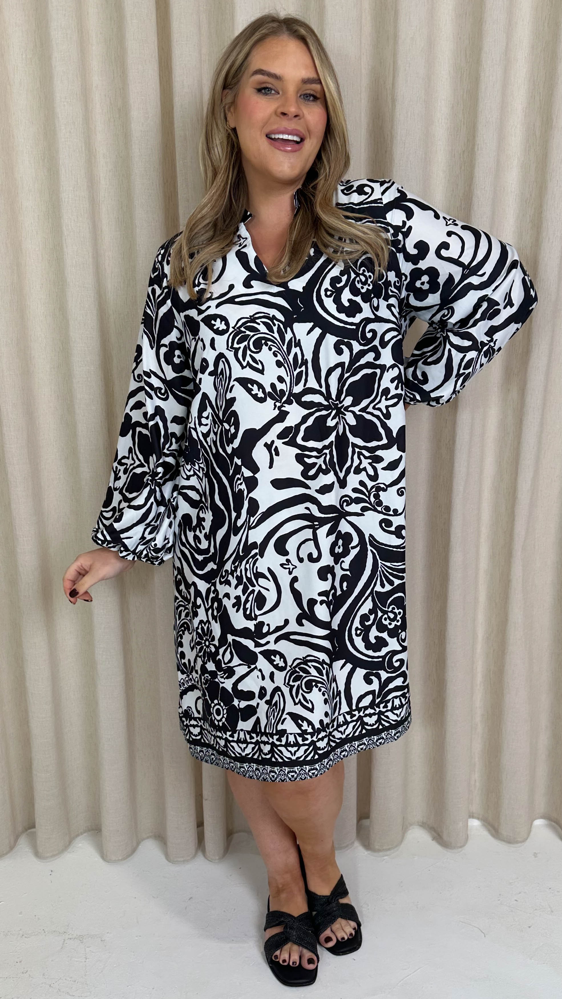 CurveWow Collarless Smock Dress Black Tile