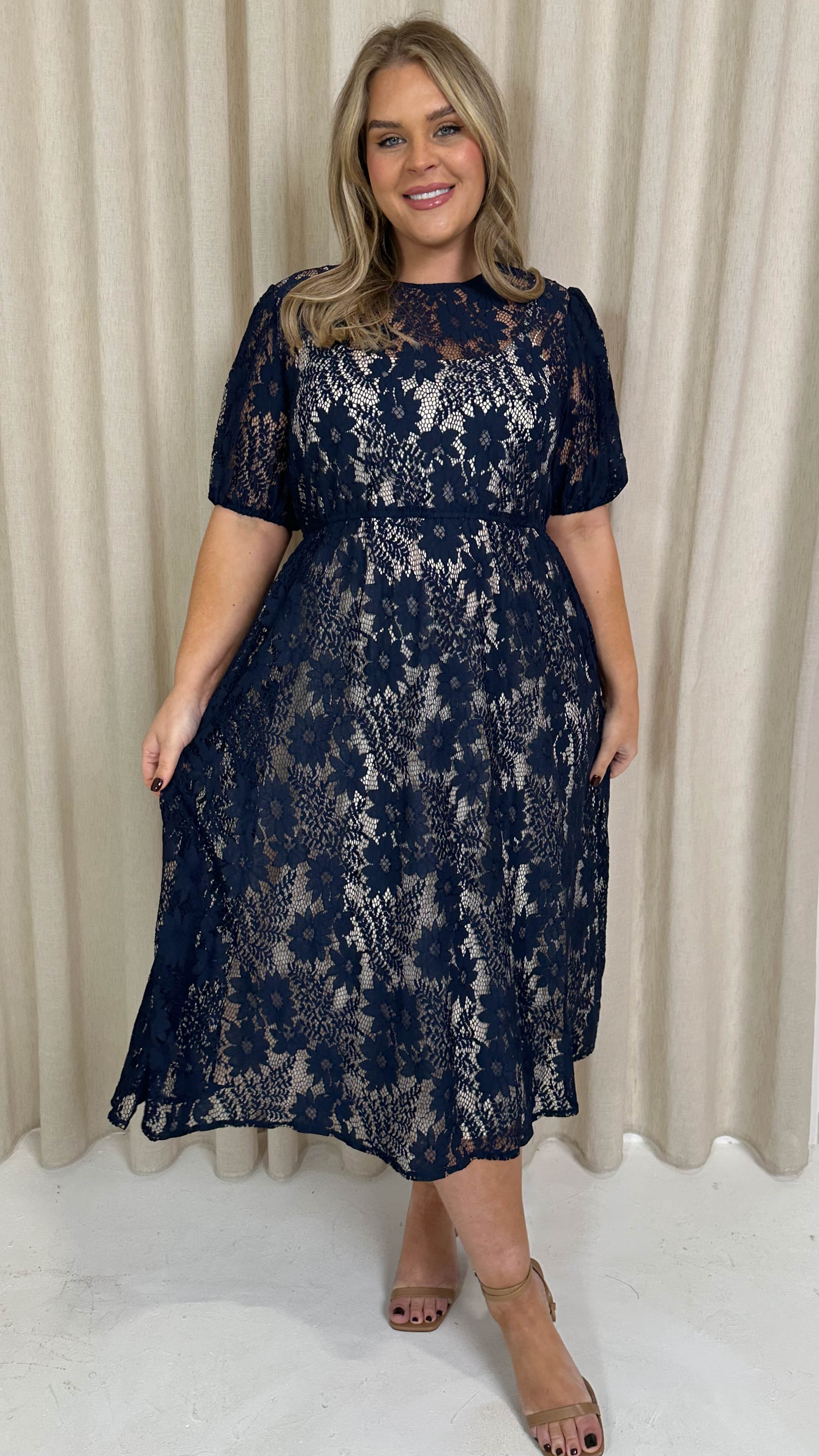 CurveWow Lace Midi Skater Dress Navy