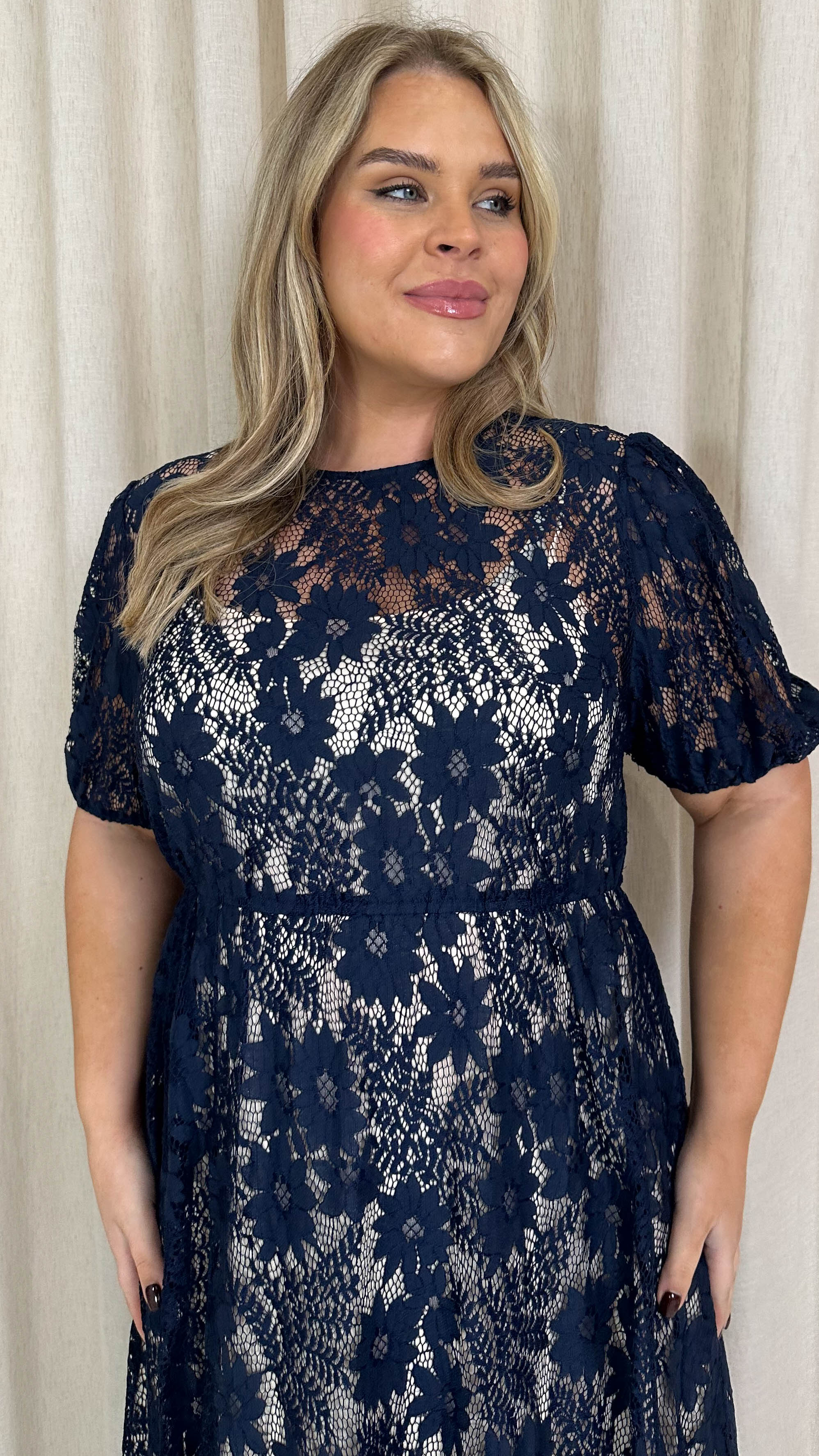 CurveWow Lace Midi Skater Dress Navy