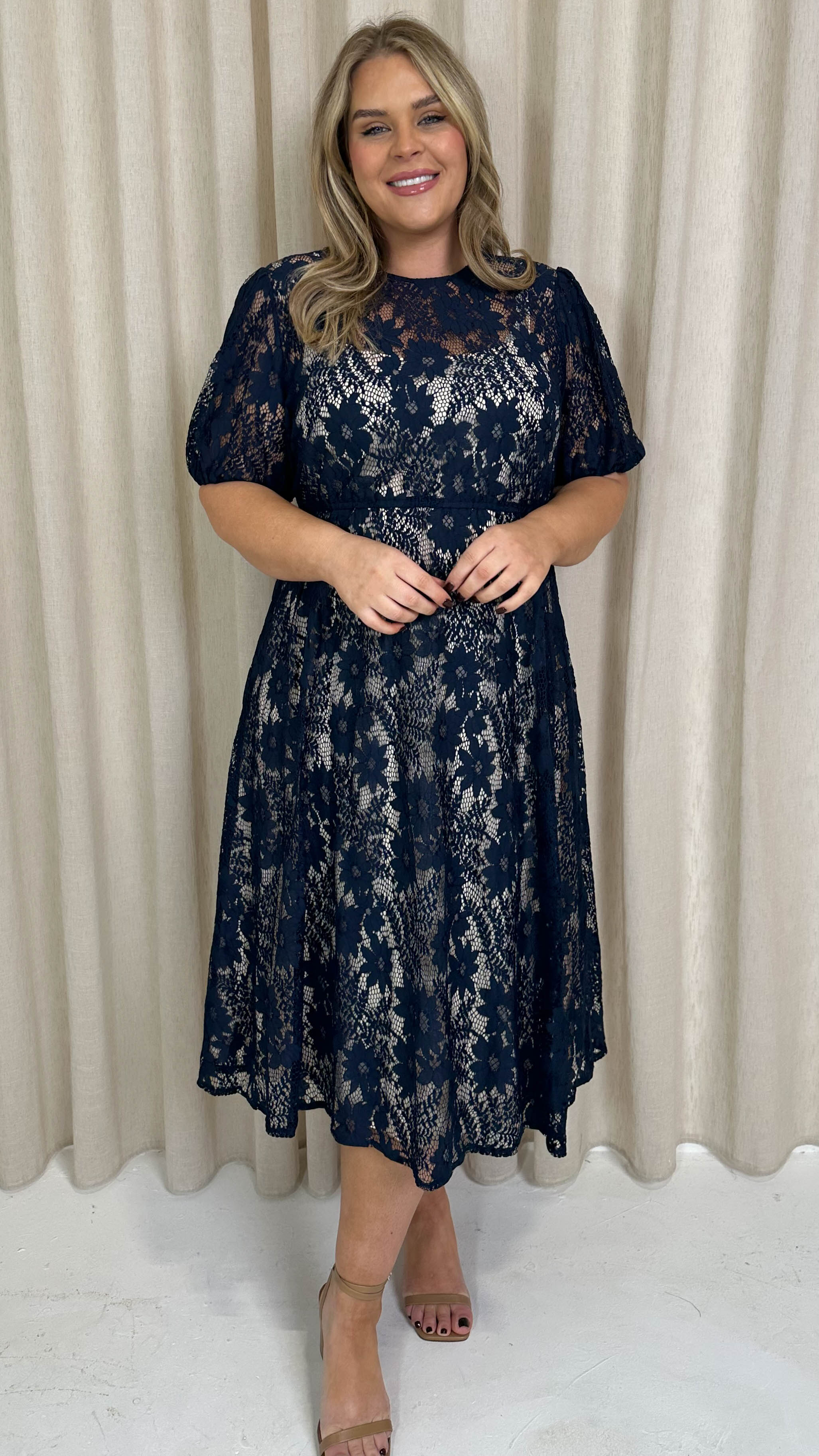 CurveWow Lace Midi Skater Dress Navy