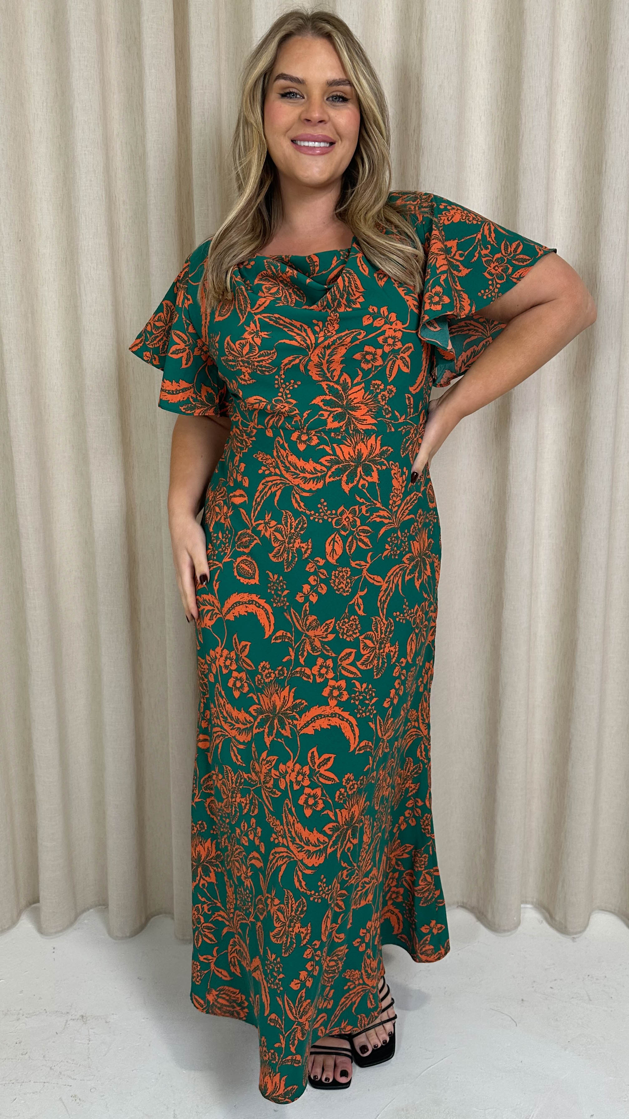 CurveWow Cowl Neck Maxi Dress Green/Orange Floral