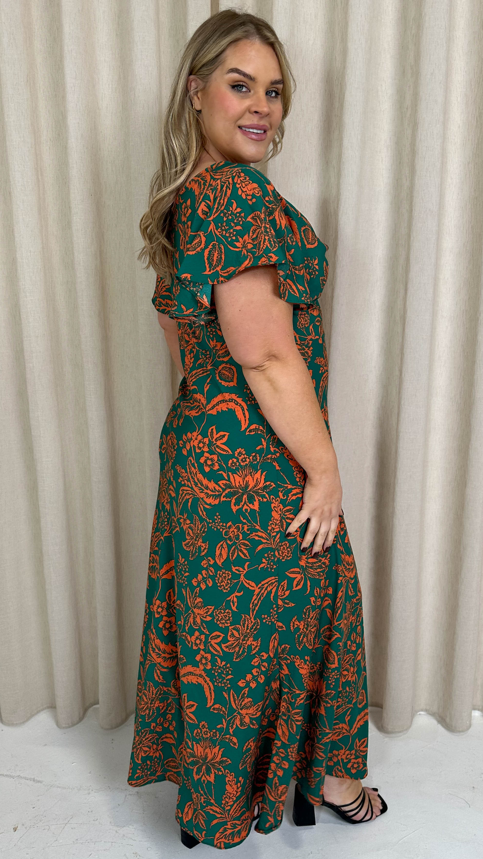 CurveWow Cowl Neck Maxi Dress Green/Orange Floral