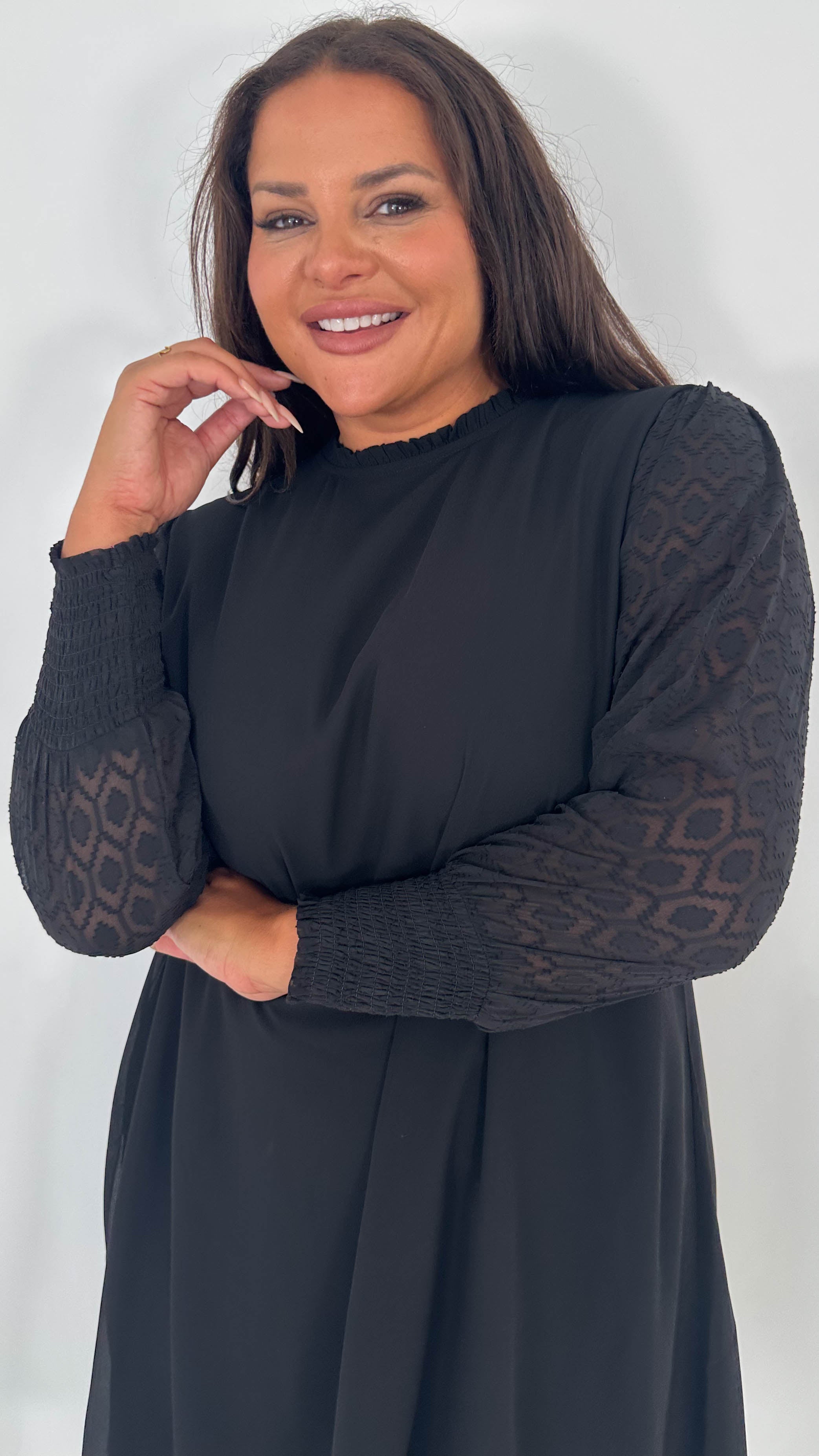 CurveWow Black Sheer Sleeve Shift Dress