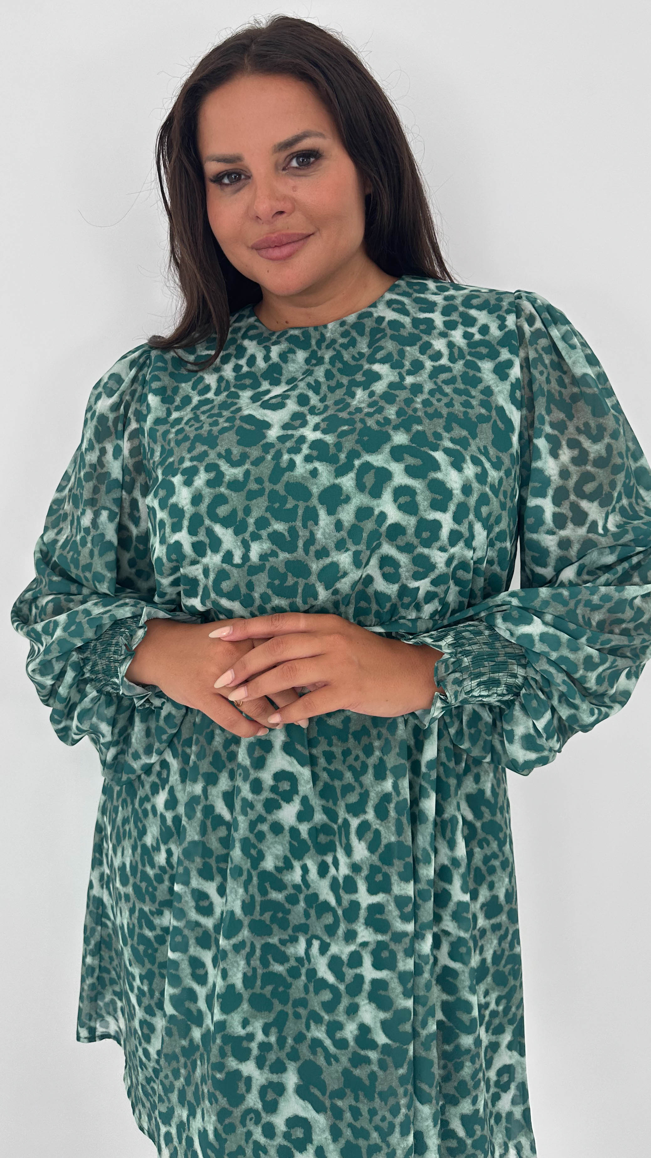 CurveWow Drop Waist Mini Dress Green Leopard