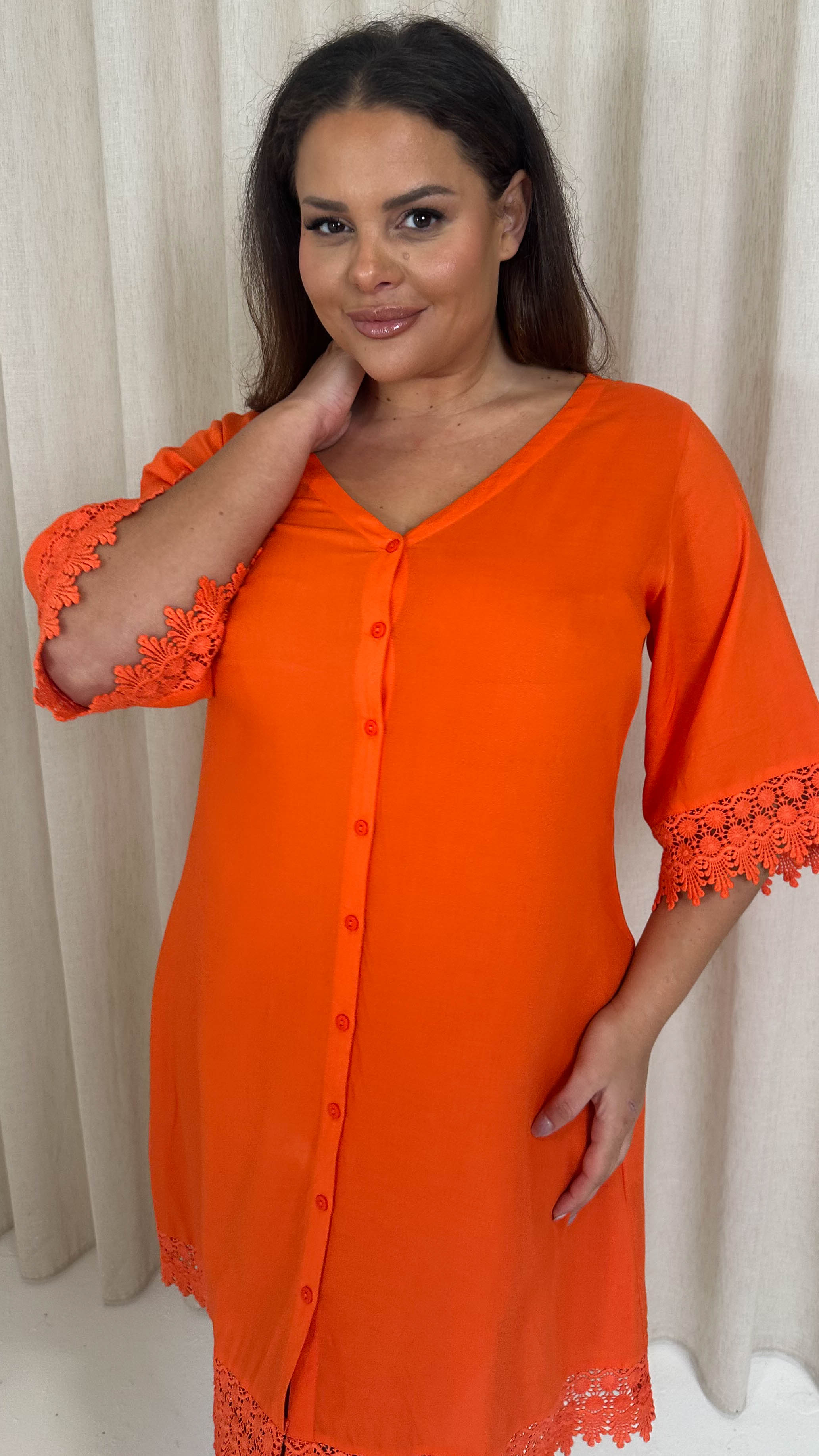 CurveWow Lace Trim Button Front Tunic Dress Red/Orange