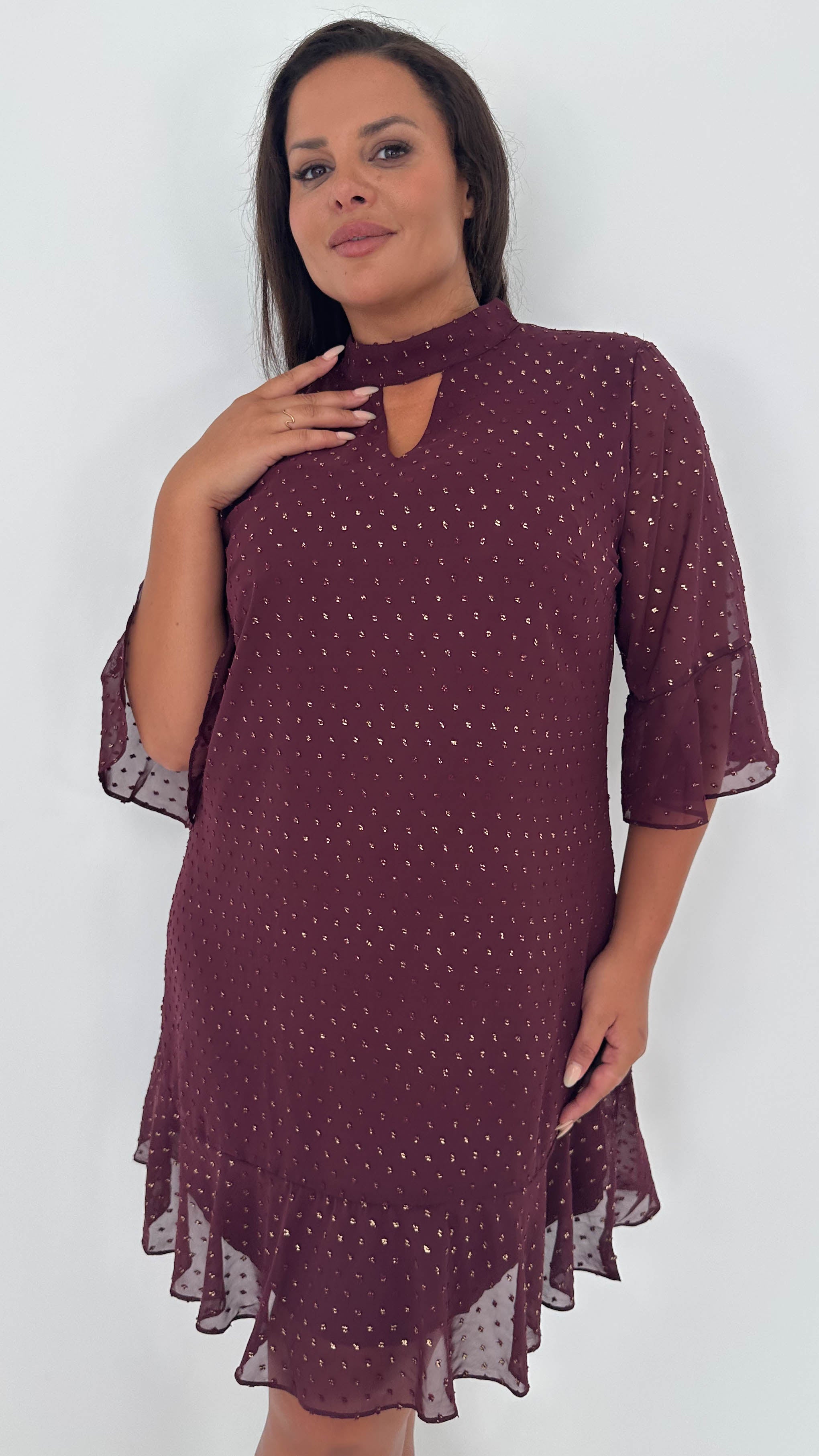 CurveWow Gold Spot Keyhole Shift Dress Plum